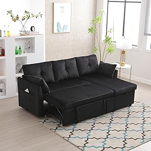 Sofá Cama Multifuncional con Cama Extensible y Chaise Longue Intercambiable, Conjunto de Sofá con Asiento de Almacenamiento, Sofá Esquinero en Forma de L para Salón (Negro)
