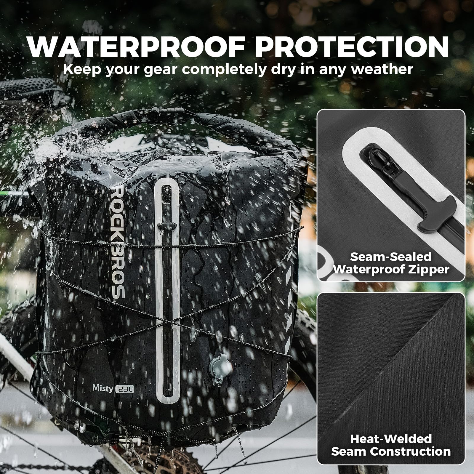 ROCKBROS 100% wasserdichte Gepäckträgertasche Fahrrad mit Vakuumfach | Kompressionsfach, Vornetasche, Elastisches Kordelsystem, Schnellbefestigung, für MTB Rennrad Gravelbike, 23 L, Weiß