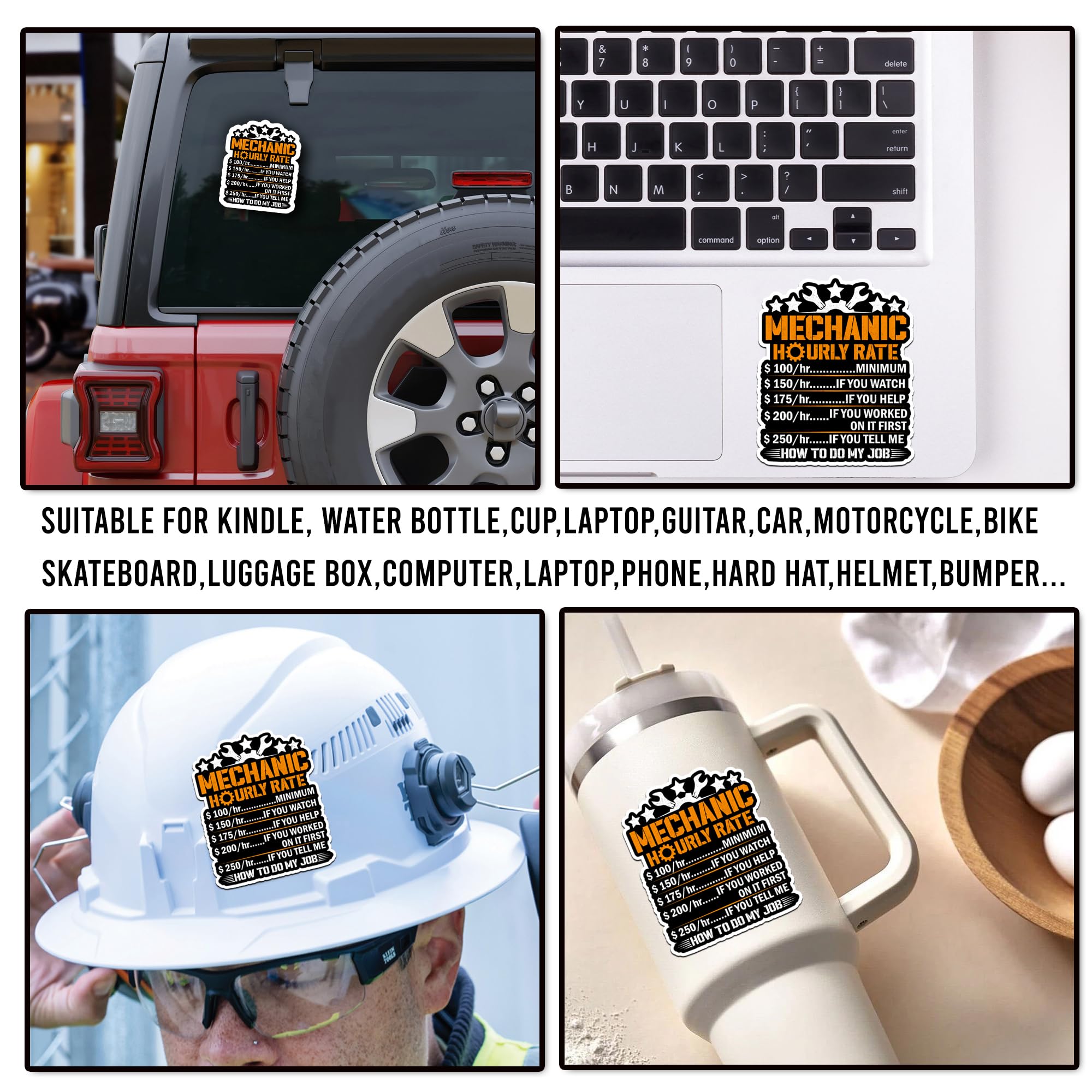 Pack 4PCS Mechanic Hourly Rate Stickers Funny Mechanical Waterproof Vinyl Decal Decor Laptop Phone Case Water Bottle Car Truck Bumper Scrapbook Gifts Birthday Christmas for Adults Men