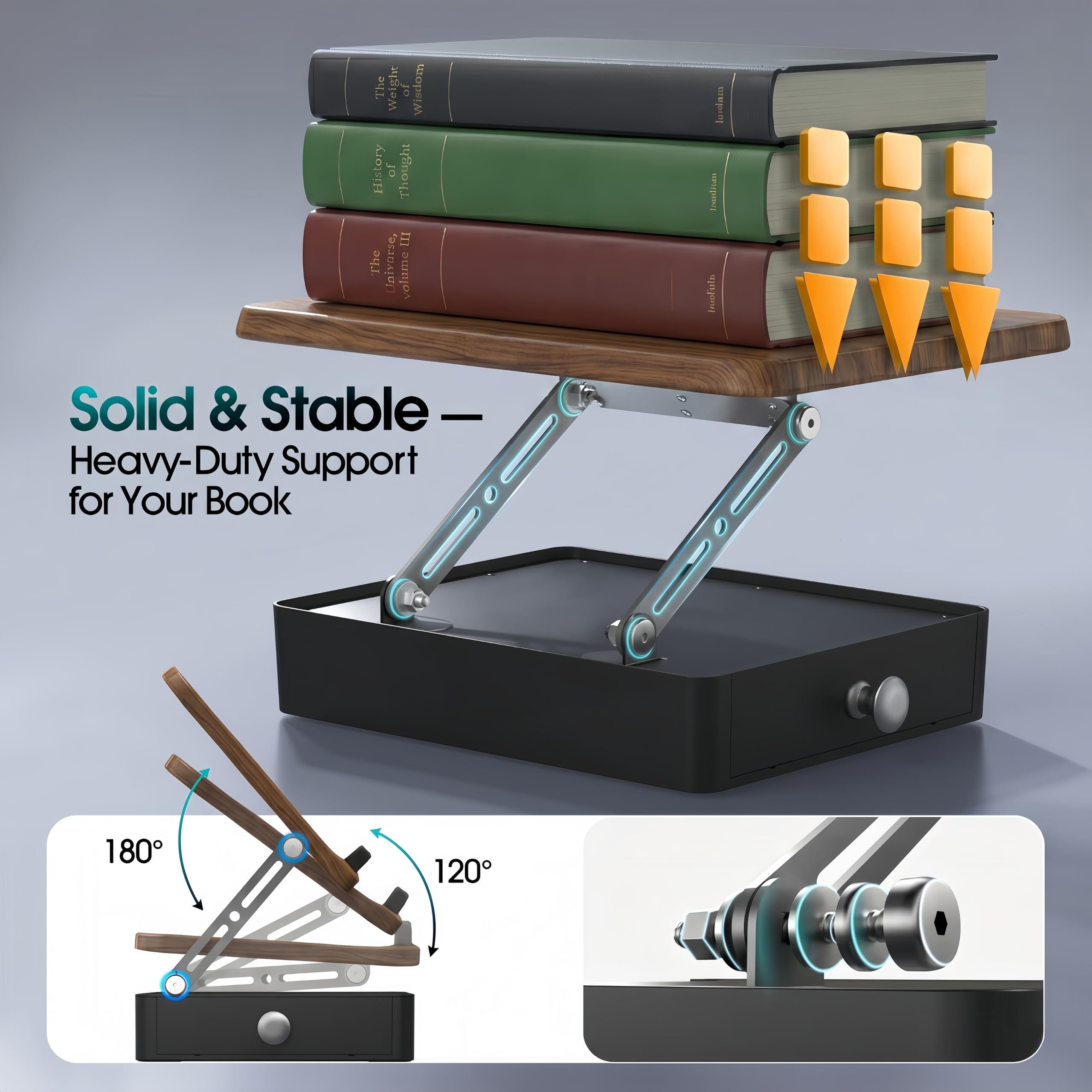 Leggio per libri con contenitore, supporto da lettura in legno per scrivania, ergonomico regolabile in altezza e angolo, supporto per libri di testo, libri di cucina, documenti (finitura noce