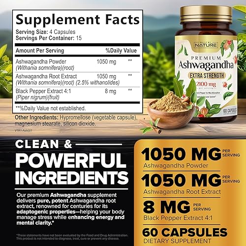 Miniatura 5 de Built by Nature Ashwagandha - Alivio del estrés extra fuerte de 2100 mg y apoyo del estado de ánimo con extracto de pimienta negra para una máxima