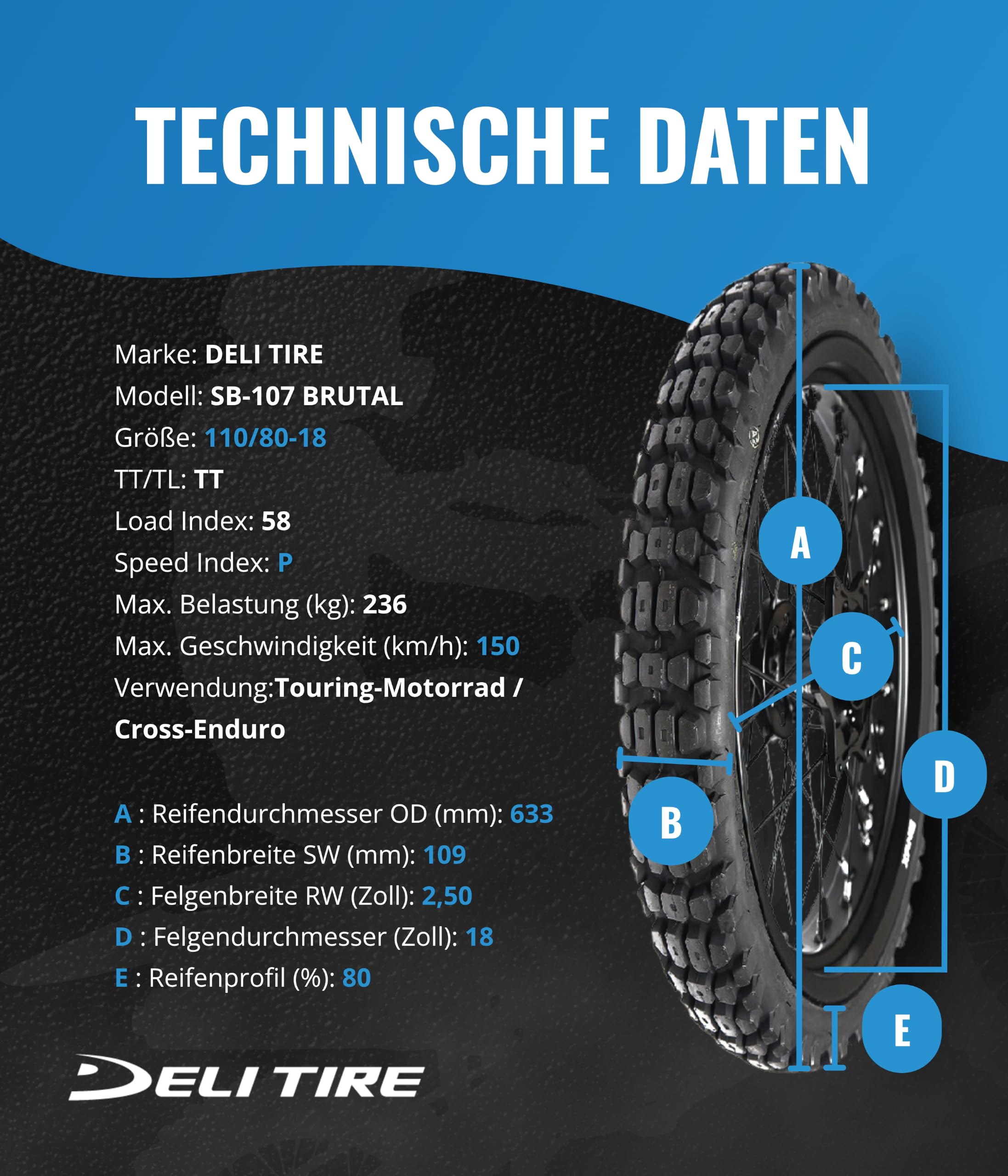Reifen Motorrad 18 Zoll 110/80 x 18 Deli sb107 TT 58p (Trail)