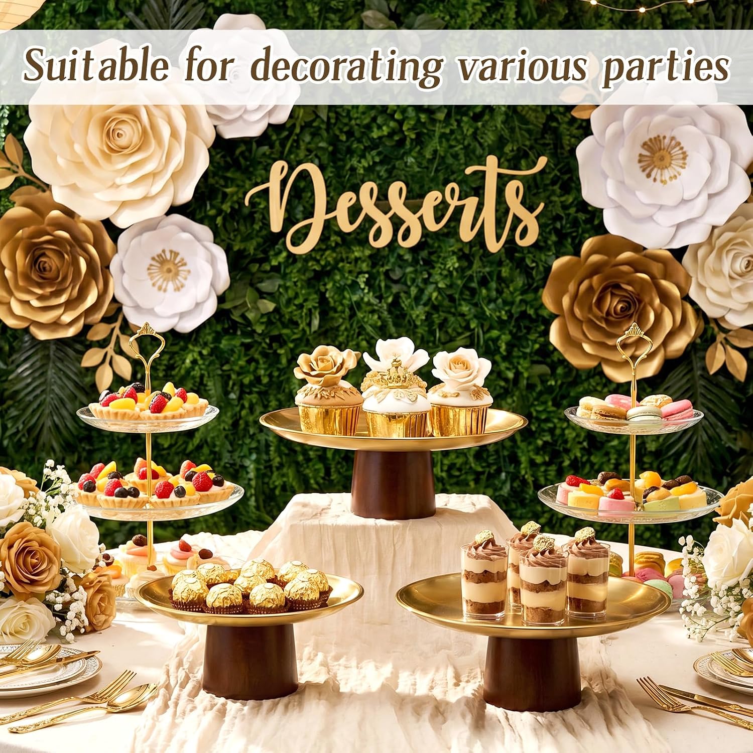 Willinglong 3 Pcs Gold Cake Stands (7"/8"/9" Plate) Round Cupcake Stand Dessert Table Display Set Gold Stainless Steel Tray with Wooden Base Muffin Snack Platter Kit for Wedding, Birthday, Baby Shower