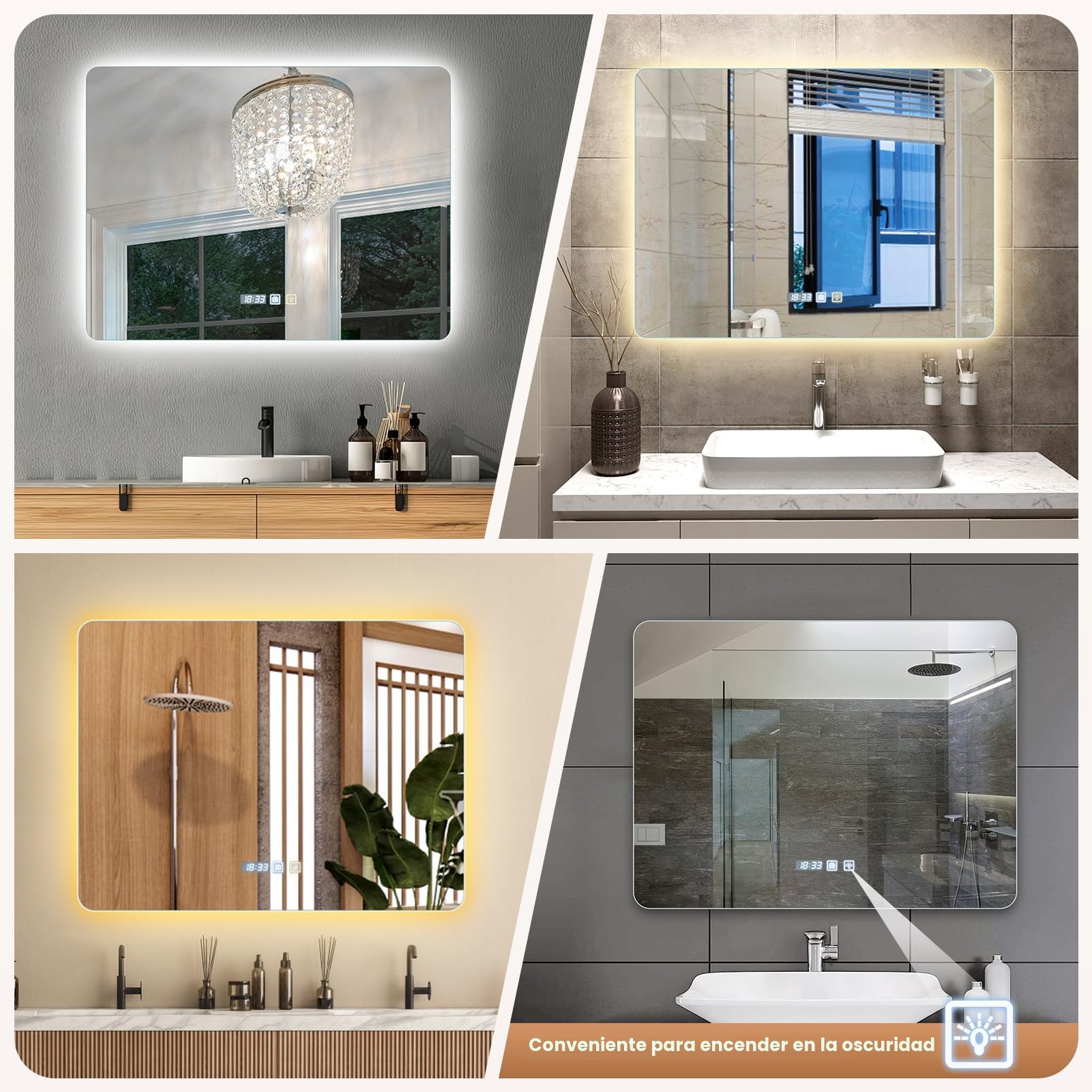 Sararoom Espejo Baño con Luz 80×60cm, Luces de Baño Espejos de pared con Reloj, Función Antivaho, 3000K/4000K/6500K, Regulable, Memoria, Cristal Templado HD, IP44 Espejos de Tocador LED Retroiluminado