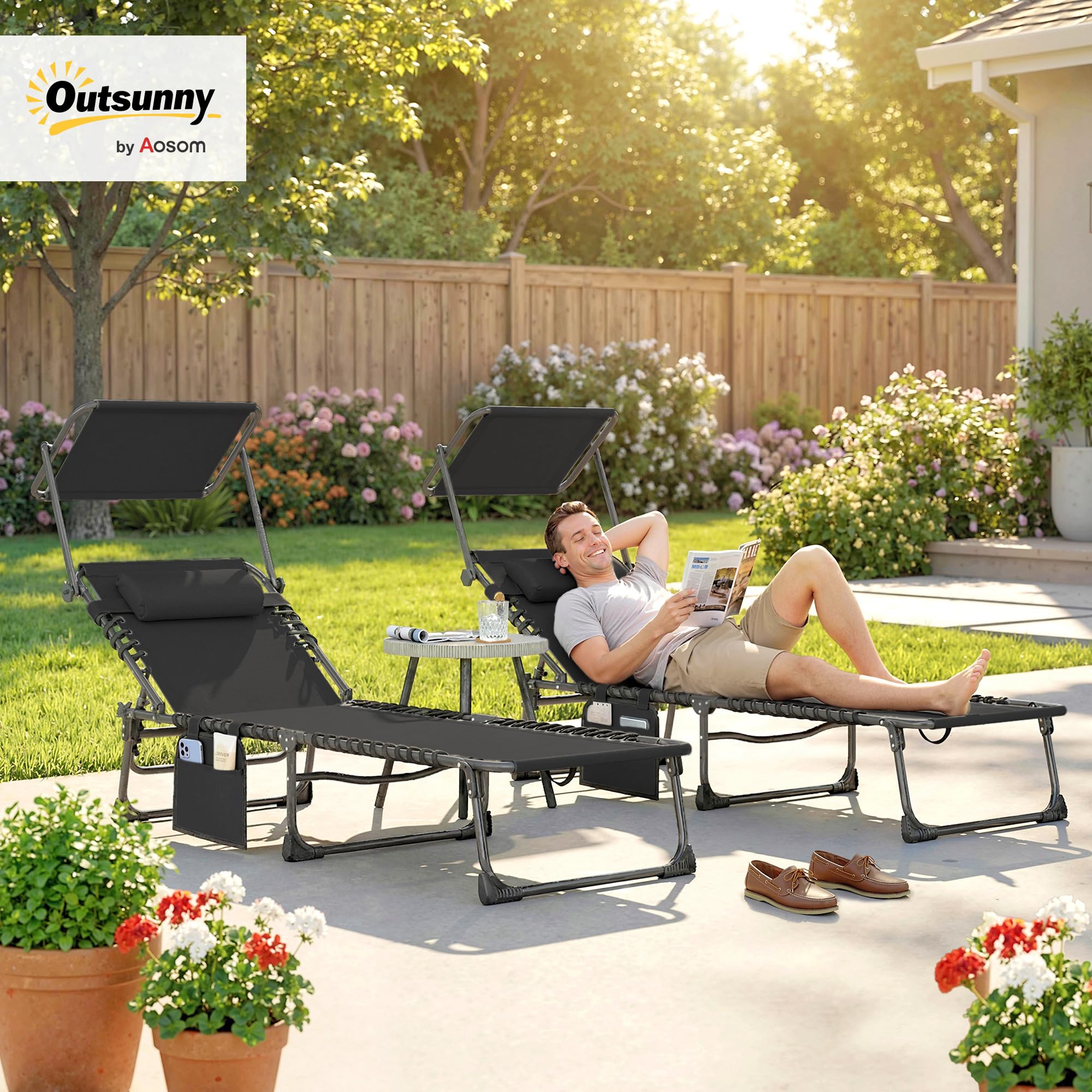 Outsunny Set de 2 Tumbonas Jardín Exterior, Tumbonas Plegables con Reposacabezas, Parasol y Bolsillo Lateral, Respaldo Reclinable 5 Posiciones y Asiento Malla Transpirable para Playa, Piscina, Negro