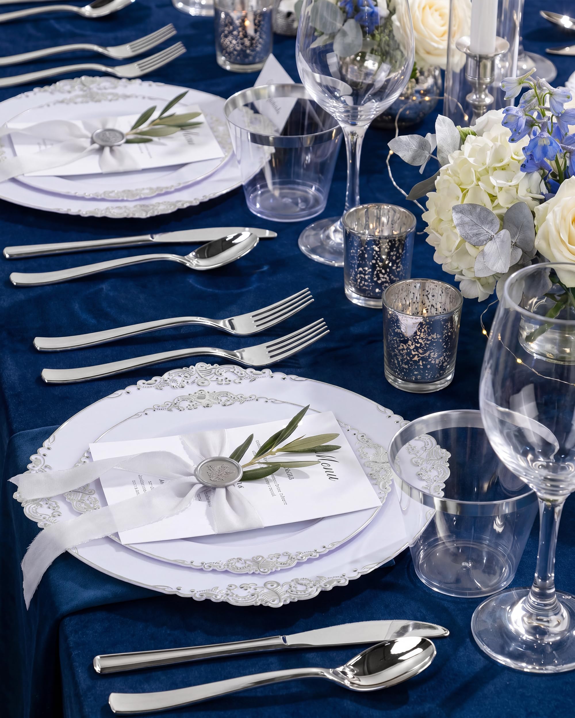 100 Guest Disposable Plates - Silver & White Dinnerware -4