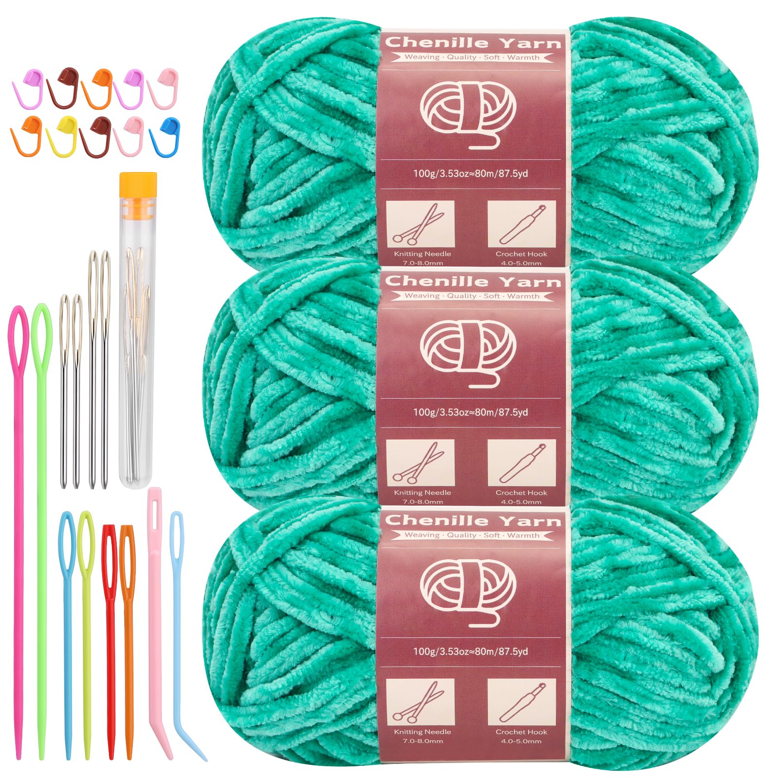 LUNARM Chenille Yarn 3 Pack 3.5oz Chunky Blanket Velvet Yarn 263 Yard | Jade Green Chunky Chenille Yarn for Beginners Crocheting Hand Knitting Scarves with Big Eye Needles Machine Washable