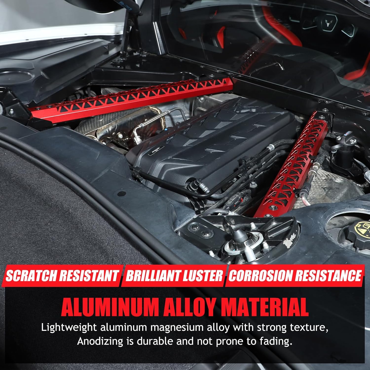 Sekhyna Car Engine Bay Panel Cover Strips Trim Compatible with Corvette C8 Coupe 2020-2025,Aluminum Engine Compartment Left Right Support Rod Trim Kits Accessories 2PCS (Style A, Red)
