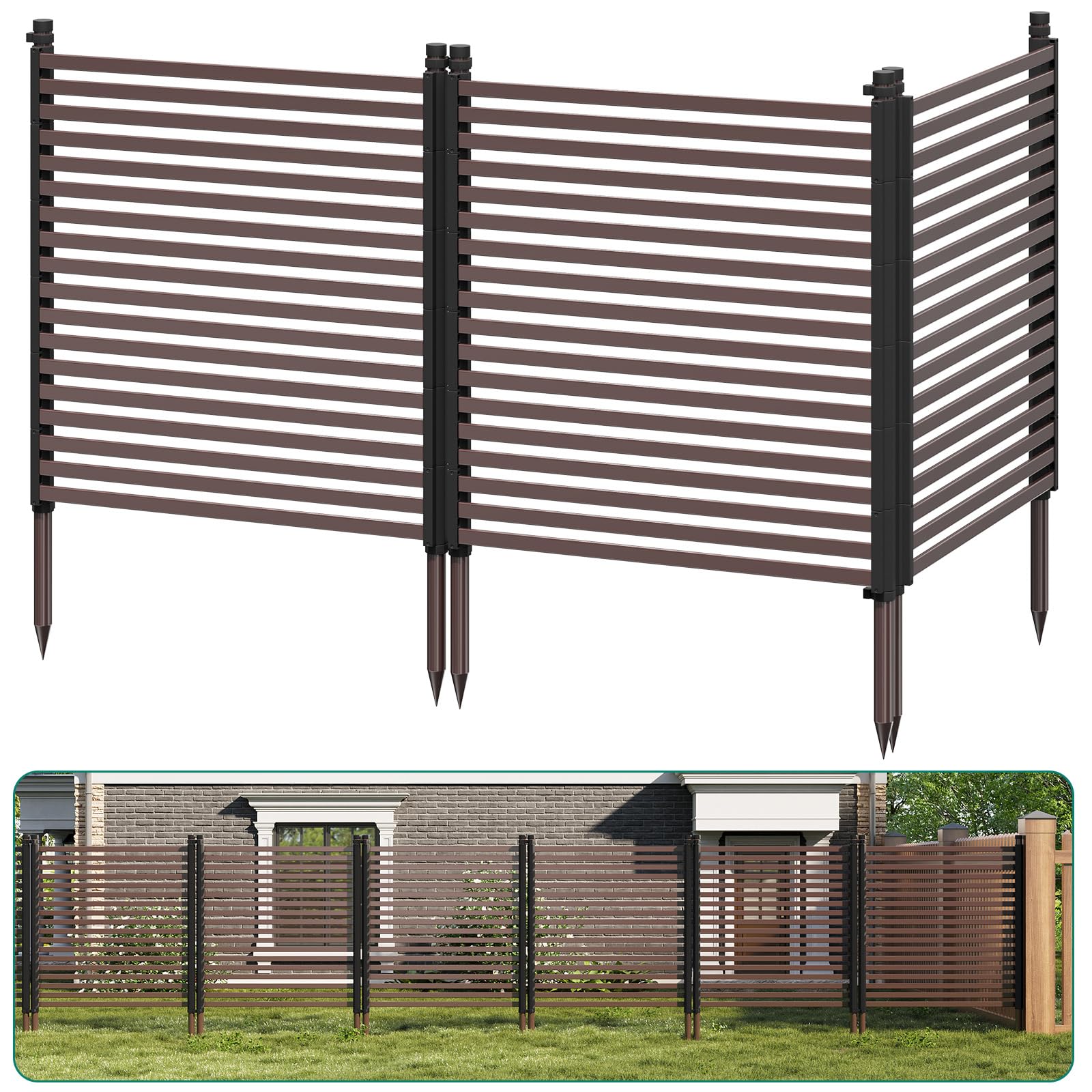 Clôture de Jardin en Plastique 3 Panneaux, 270x120 cm Claustra Exterieur avec Piquets Galvanisés, Brise-vue Modulable pour Jardin Terrasse Aluminium, Marron