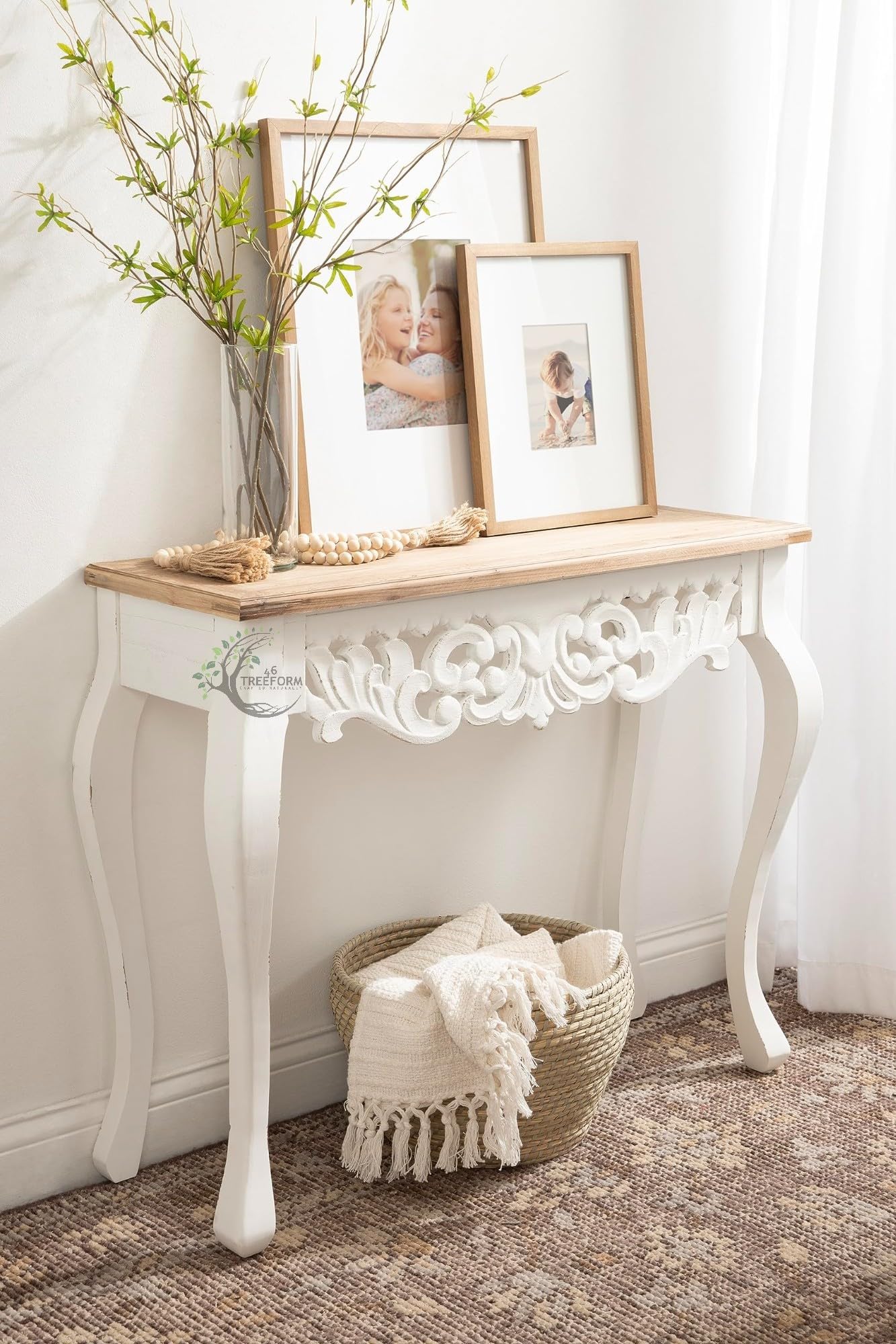 46TREEFOM Wooden Carved Console Table in Solid Mango Wood with Antique White Distress Finish for livingroom, Hall, enterway, Office Size 30 * 36 * 15 inch (Distress)-image-10