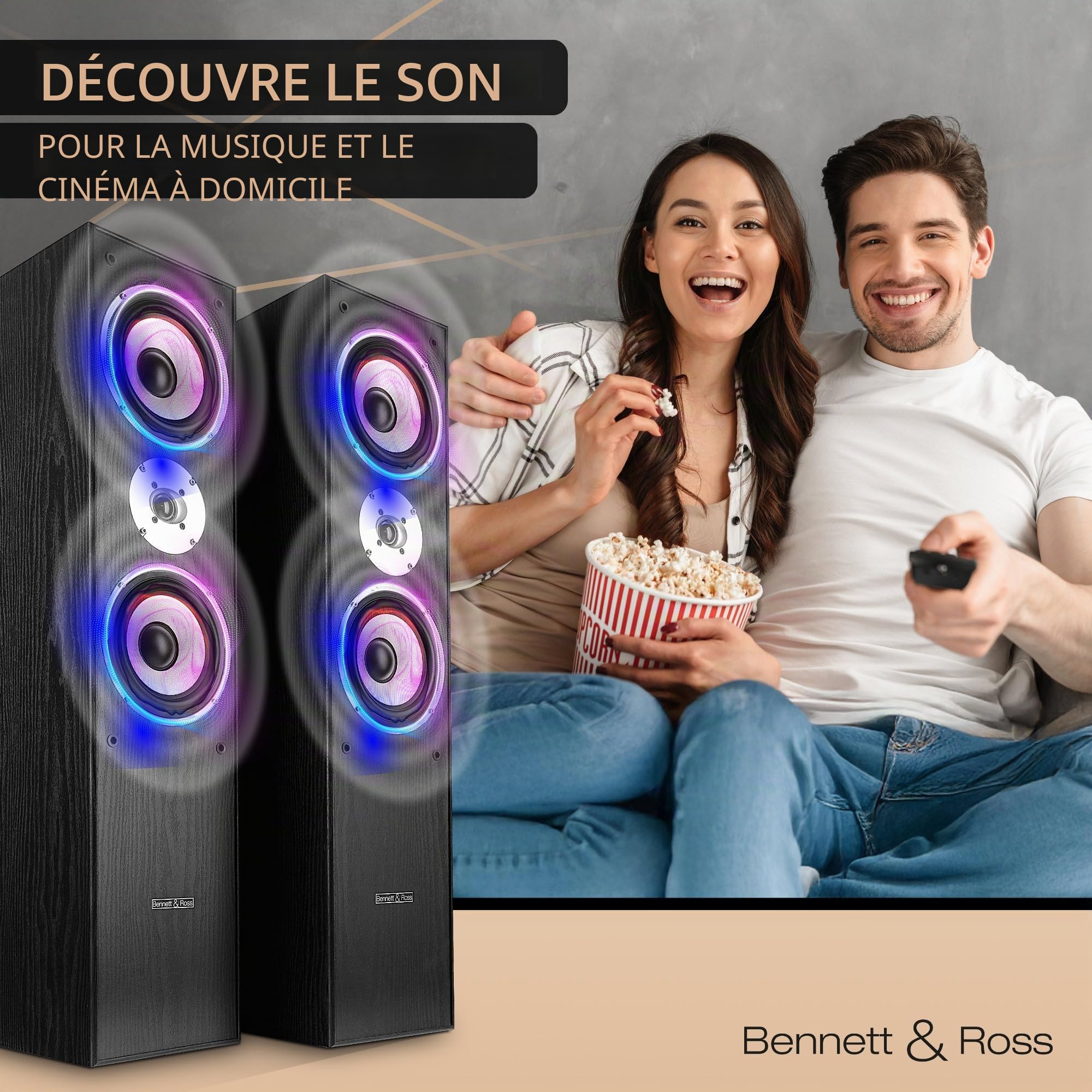 Bennett & Ross Radiant Paire d'enceintes Colonne HiFi 3 Voies (350W RMS, 6,5" woofer, 6,5" médium, 1" Tweeter, Conception Bass-Reflex, Finition Bois veiné) Noir
