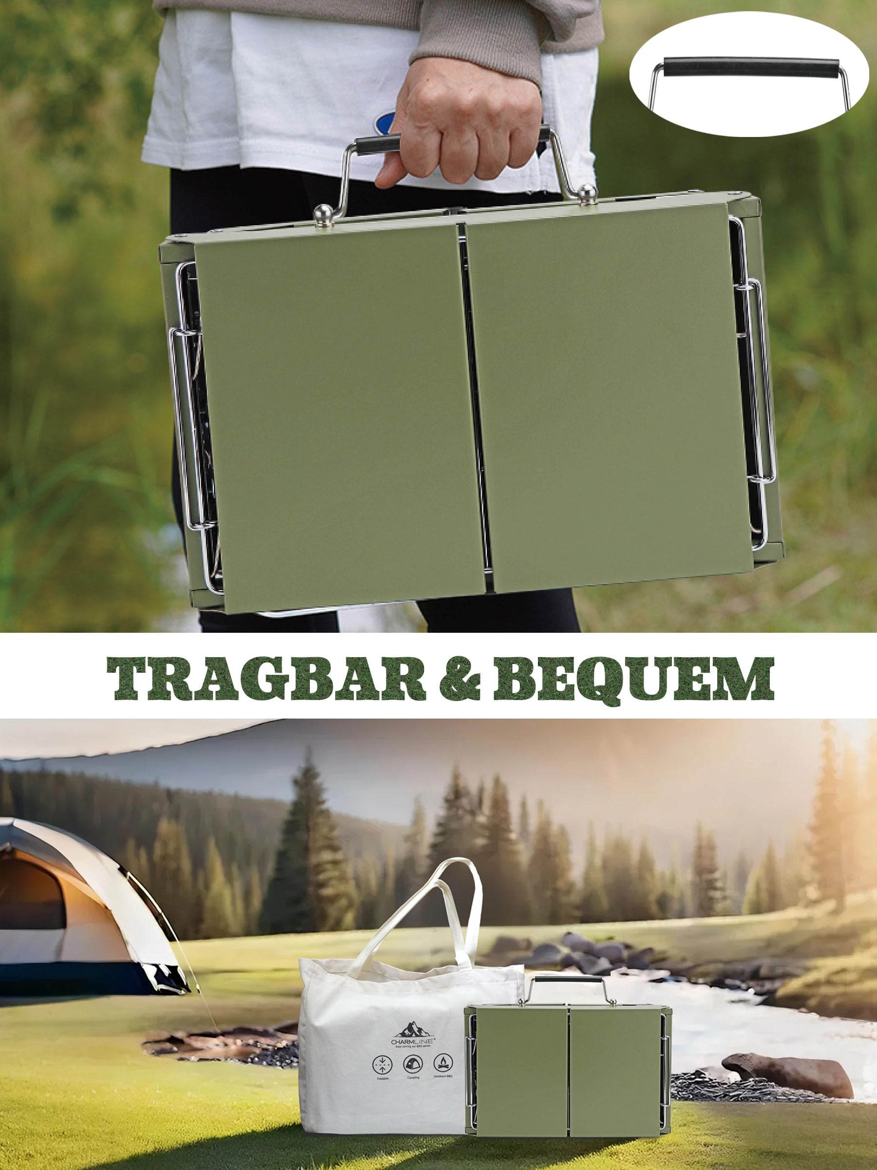 Charmline Tragbarer Holzkohlegrill, Klappbarer Campinggrill 35 x 23 cm für 1–3 Personen, Mini BBQ Grill für Balkon, Garten, Camping, Picknick und Strand, Grün