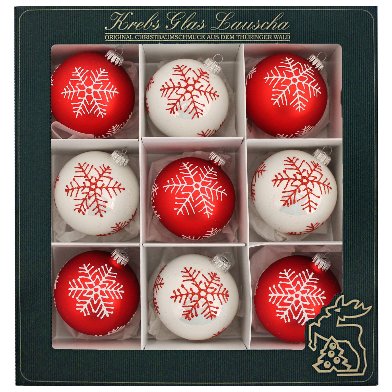 Krebs Glas Lauscha - Weihnachtsdekoration/Christbaumschmuck aus Glas - Weihnachtskugeln - Motiv: Schneeflocken Rot/Weiß - 9 Stück - Größe: ca. 8 cm