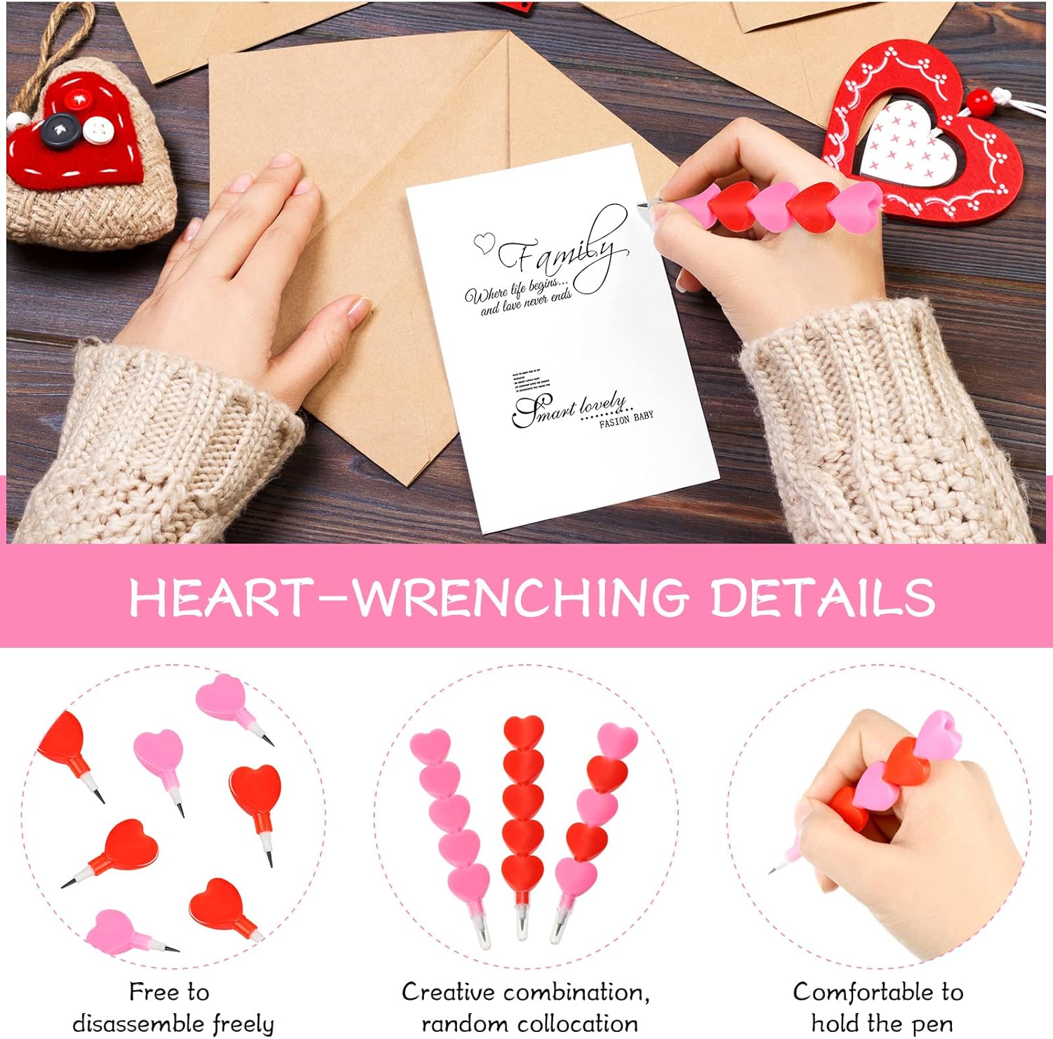 Chinco 48 Pieces Valentine Pencils Heart Stackable Plastic Heart Stacking Colored Pencils for Kids Red Pink Stacking Point Kids Birthday Party Supplies School Fun Equipment