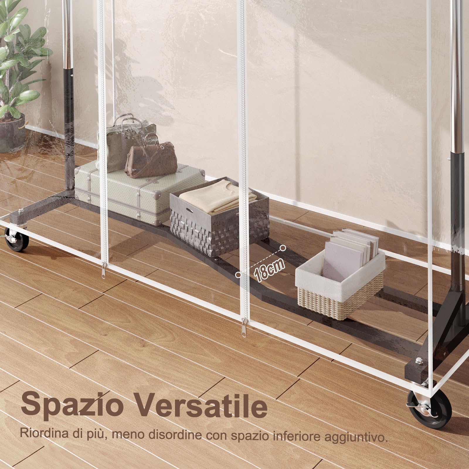 HOKEEPER Porta Abiti Resistente con Ruote e Copertura Antipolvere, Appendiabiti Mobile da 204kg con Ruote e Ripiano per Camera da Letto, Lavanderia