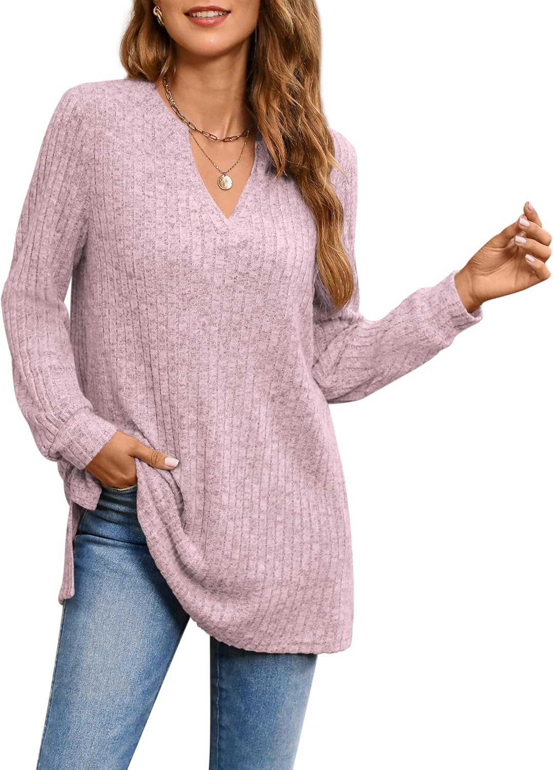 BZB Womens Fall Sweaters Long Sleeve V Neck Tunics Tops Side Split Casual 2026 Sweatshirt with Pocket - Image 4