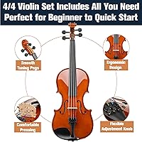 Vista 15 de Violín Mendini de madera sólida, libro de lecciones, cuerdas extra, sintonizador violín, arco y estuche Satén Antiguo