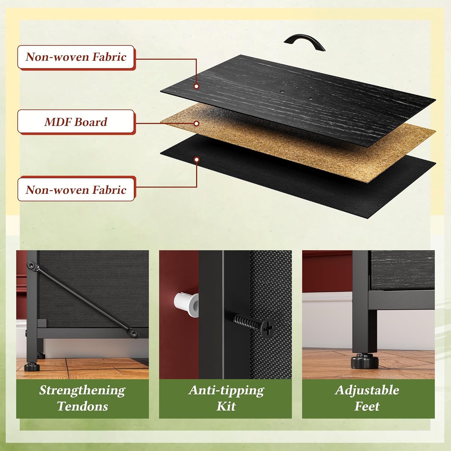Close-up of the dresser's wooden top with a built-in charging station featuring 3 AC outlets and 2 USB ports