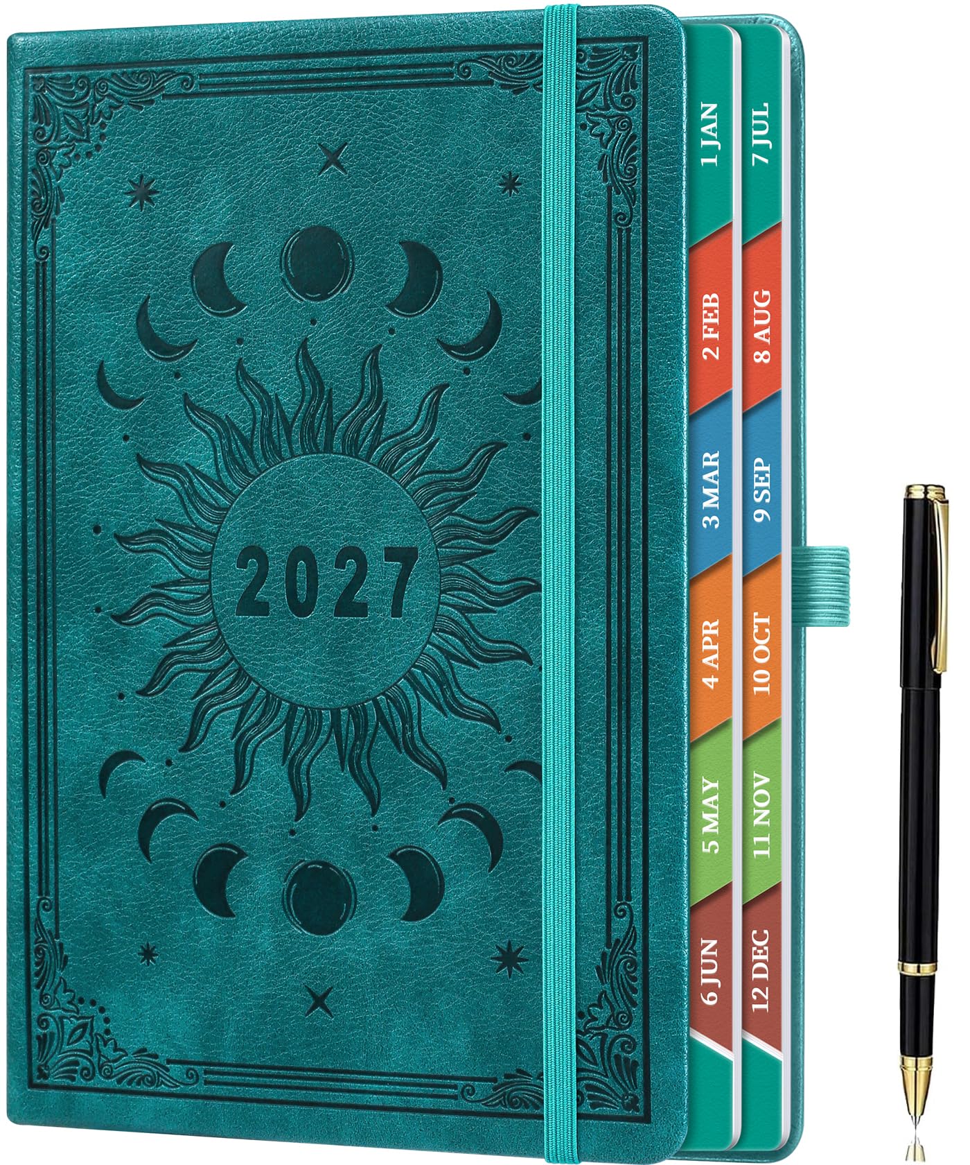 ZXHQ Diary 2027 Day Per Page A5, Jan - Dec, with Colorful Tabs, UK Holidays, Inner Pocket,100 Gsm Paper, Pen Set, Full Year Daily Planner 2027 with Monthly View, 5.9" × 8.5" - Celestial Teal