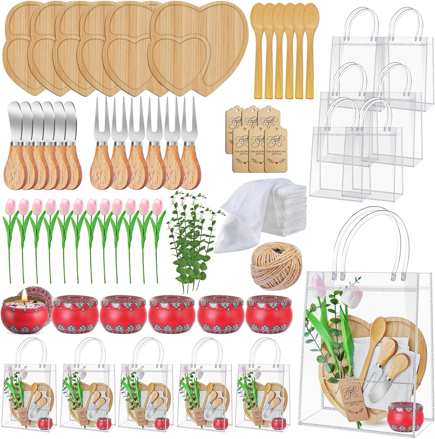 73Pcs Baby Shower Games Prizes 6 Sets Bamboo Charcuterie Board Spoon Fork Knives Towel Tulip Rose Candle Artificial Eucalyptus Stems Thank You Card and Gift Bags for Baby Shower prizes
