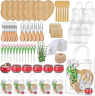 73Pcs Baby Shower Games Prizes 6 Sets Bamboo Charcuterie Board Spoon Fork Knives Towel Tulip Rose Candle Artificial Eucalyptus Stems Thank You Card and Gift Bags for Baby Shower prizes