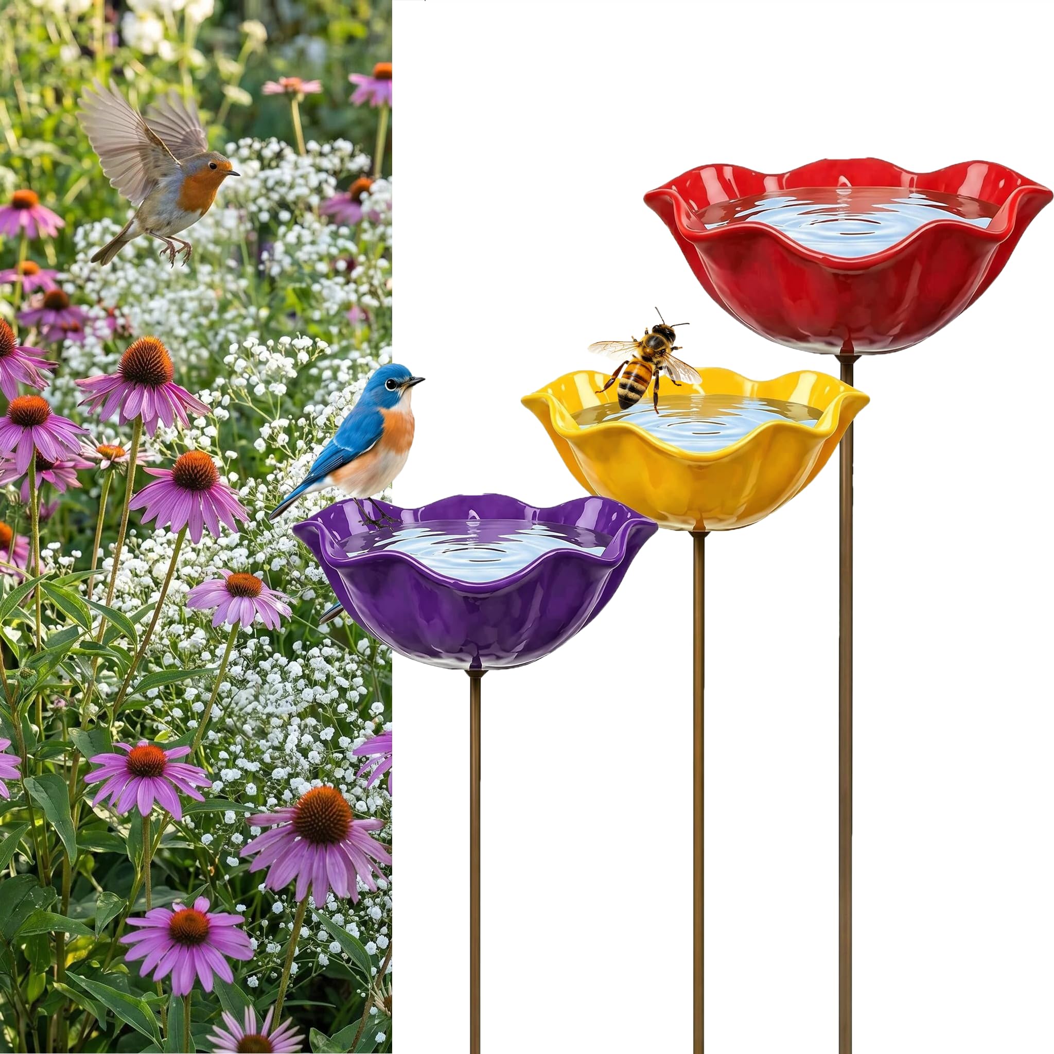 2 Pcs Handmade Metal Flower Garden Stake Bird Bath & Pollinator Water Station, Colorful Bee Water Feeder with Shallow Bowl, Durable Metal Bird Feeder for Outdoor Yard, Lawn (Red & Yellow & Purple)