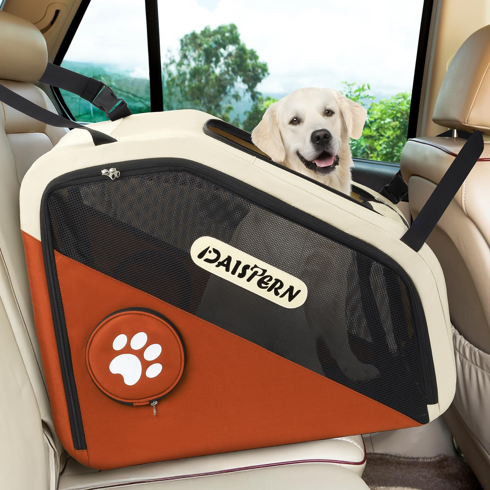 Cage de Transport Chien Pliable pour Voiture, Caisse de Voyage Souple pour Petits et Moyens Chiens, Cadre Métal Robuste, Fenêtres Maille Respirantes, Pliage Rapide, Brun
