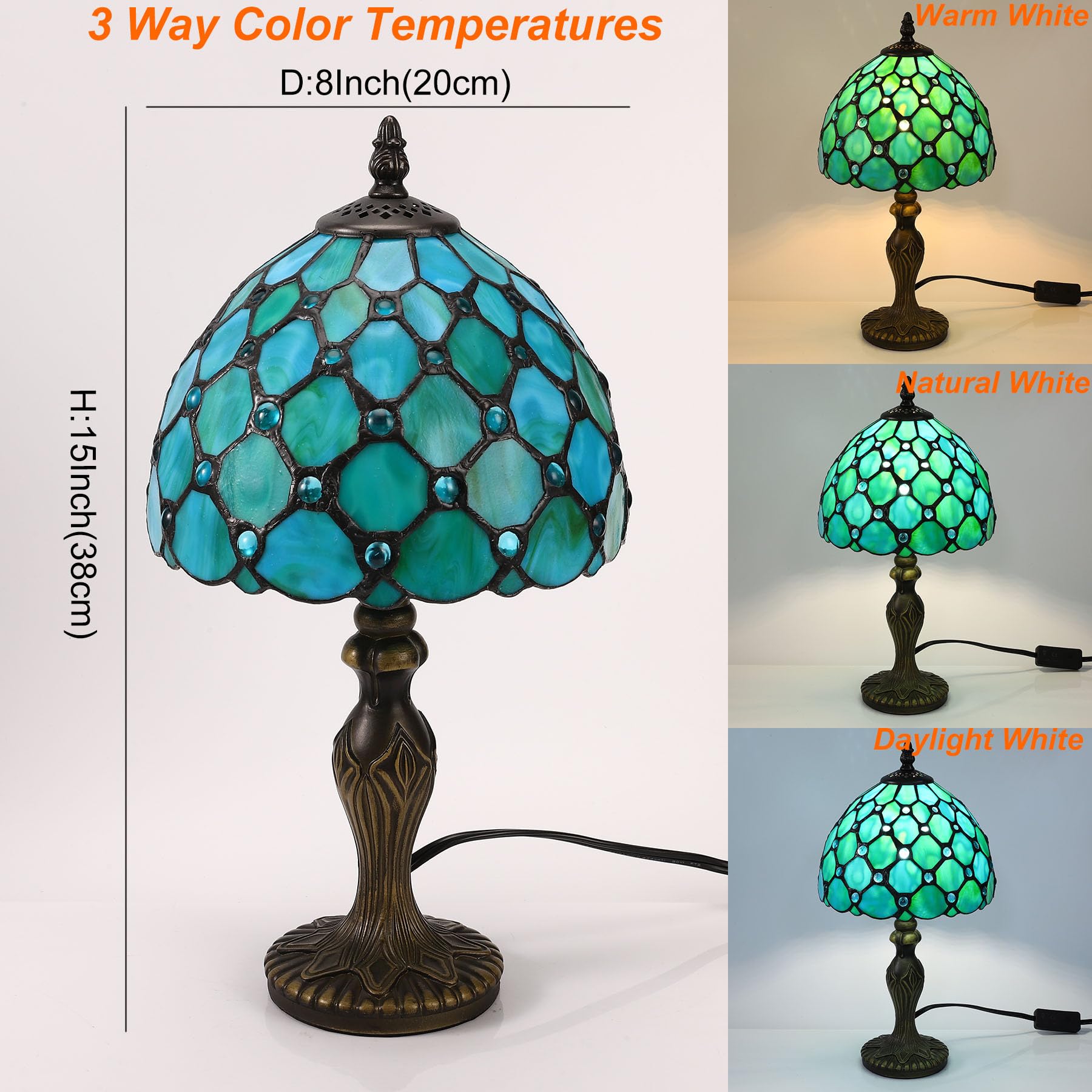 Tiffany Tischlampe, Retro Lampe, Kleine Vintage Nachttischlampe, Deko Tischleuchte, Blau Blumen Muster, Handcraft Bunte Glas Lampenschirm, Mit E27 LED Glühbirne, für Schlafzimmer Wohnzimmer Büro