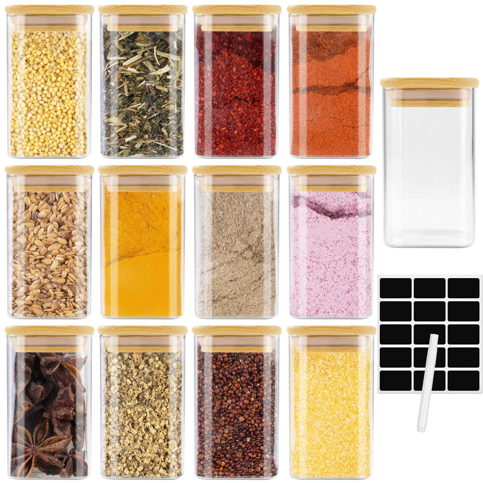 12 Bocaux à Épices Carrés Cinnani en Verre 200 ml pour une Cuisine Organisée