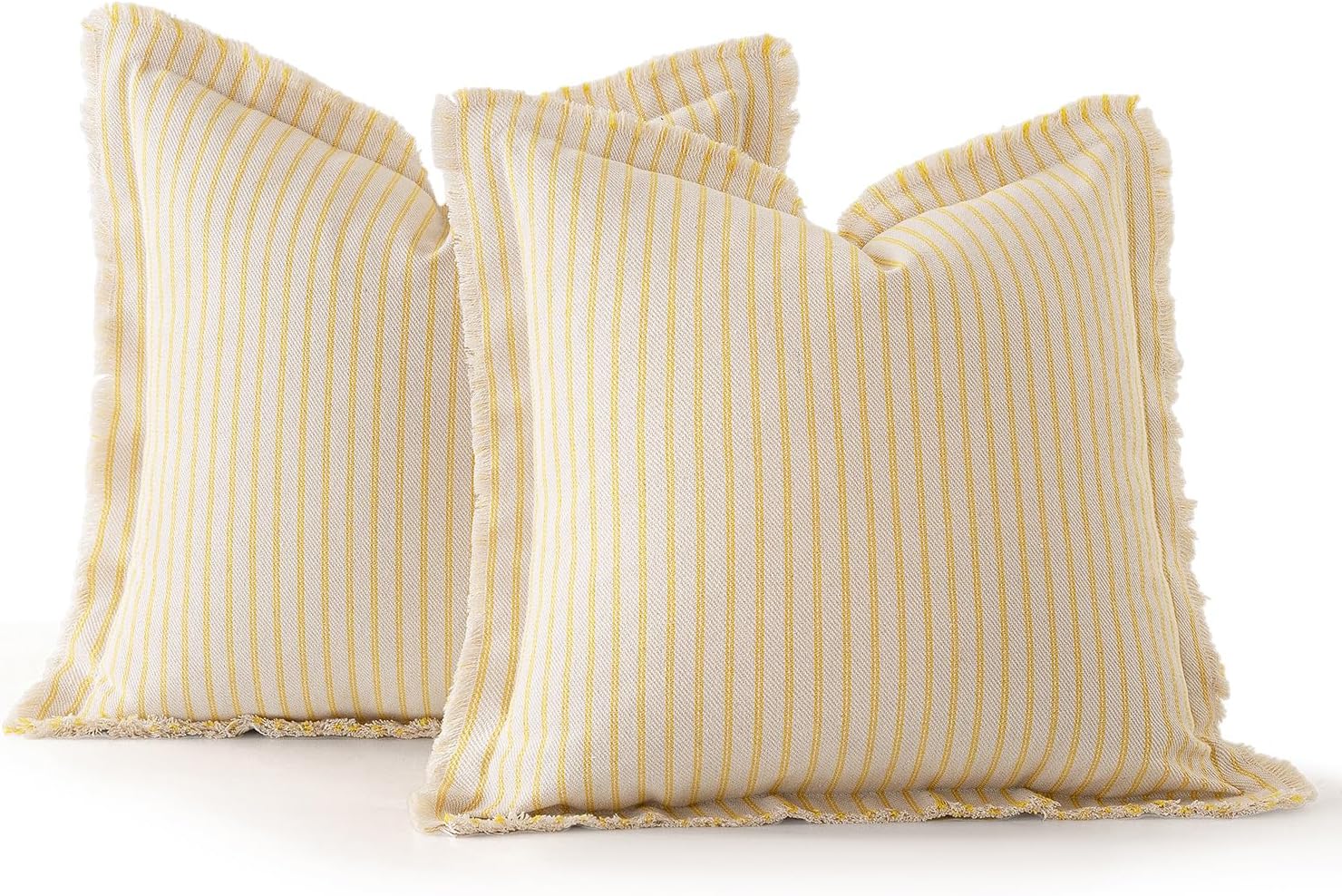 MIULEE Pack of 2 Yellow Pillow Covers 18x18 Inch Striped Farmhouse Couch Spring Throw Pillow Covers with Fringe Chic Cotton Decorative Cushion Covers for Summer Sofa Living Room Bed Outdoor Home Decor