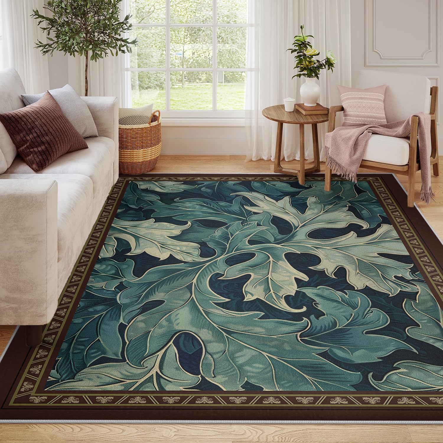 Dywaniki kuchenne z brązowymi obramowaniami, 150 x 210 cm, rustykalny turkusowy wzór liścia dębu, dywan do sypialni, klasy, elegancki styl natury, sztuka podłogowa, cienka, nadająca się do