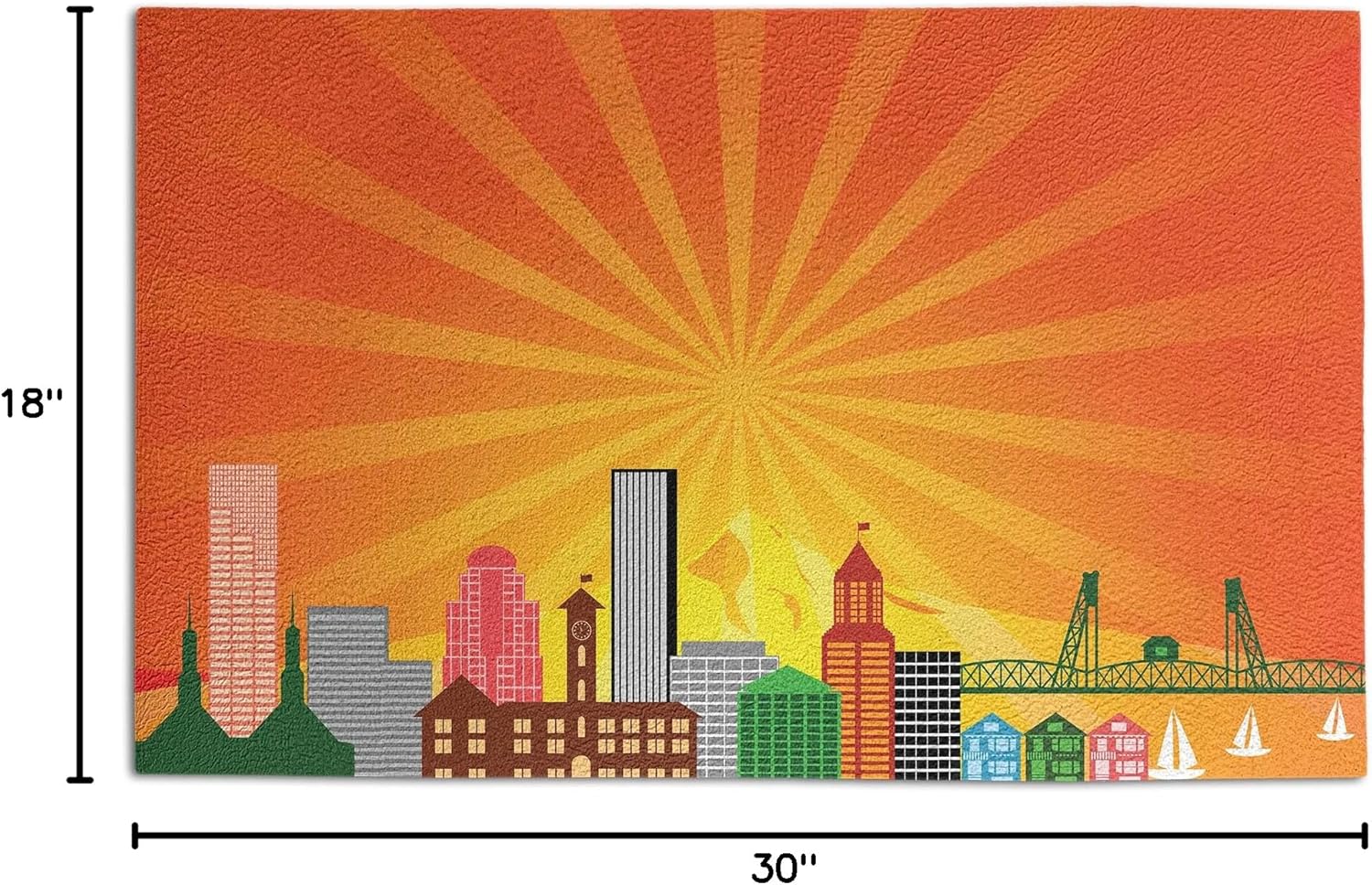 Lunarable Oregon Doormat, City of Portland Landmarks Hawthrone Bridge and Architecture with Sunburst Backdrop, Decorative Polyester Floor Mat with Non-Skid Backing, 30" X 18", Orange Green