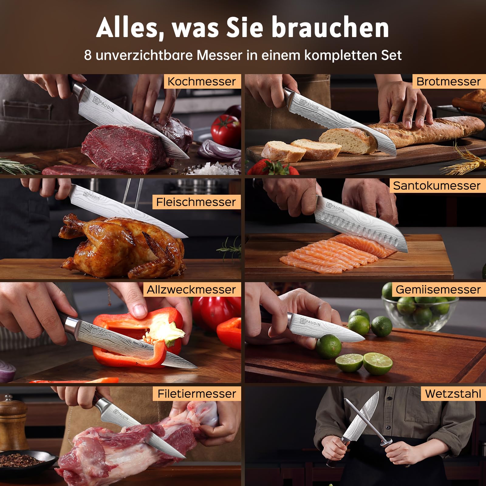 Paudin Messerblock Set mit 9-TLG, Scharfes Hochwertiges Küchenmesser Set aus Edelstahl, Messerblock mit Messer & Ergonomischem Holzgriff, Messerset mit Block für Koch/Haushalt, FDA