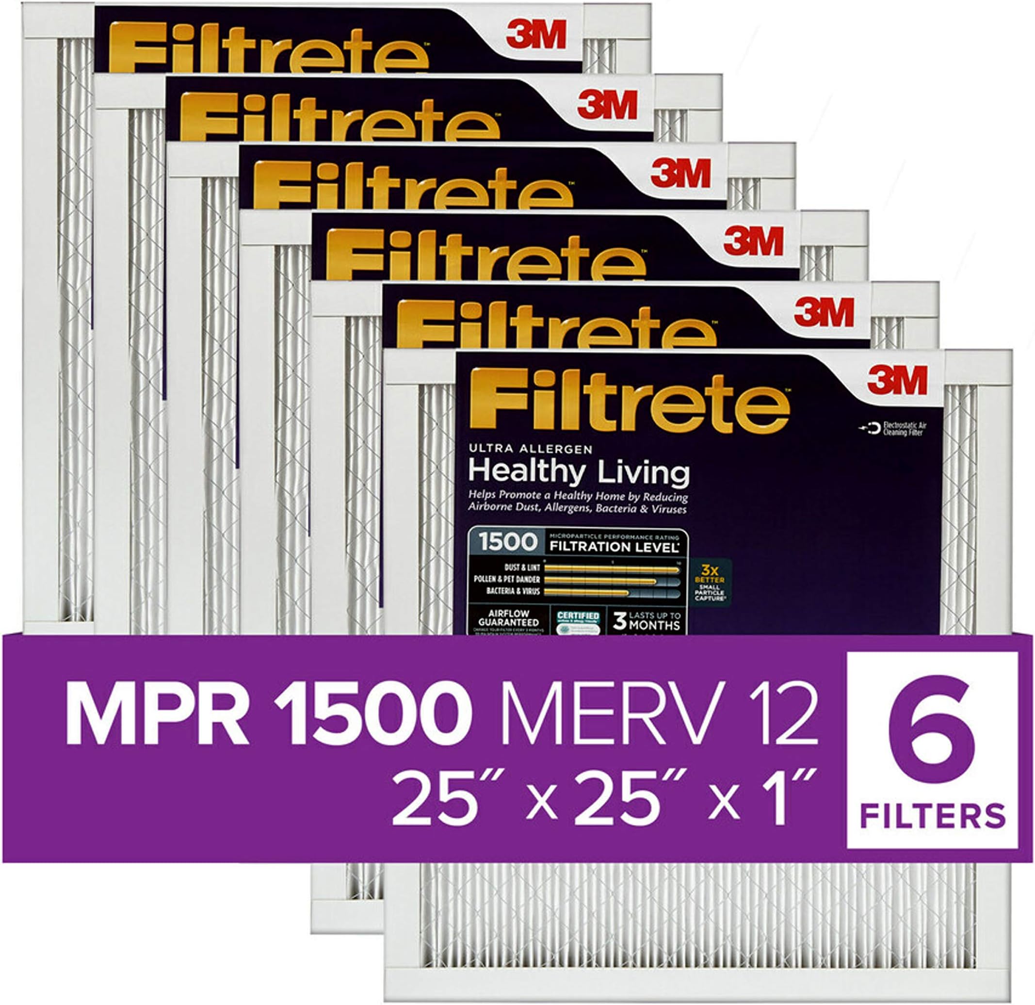 Filtrete25x25x1 AC Furnace Air Filter, MERV 12, MPR 1500, CERTIFIED asthma & allergy friendly, 3 Month Pleated 1-Inch Electrostatic Air Cleaning Filter, 6-Pack (Actual Size 24.81x24.81x0.78 in)