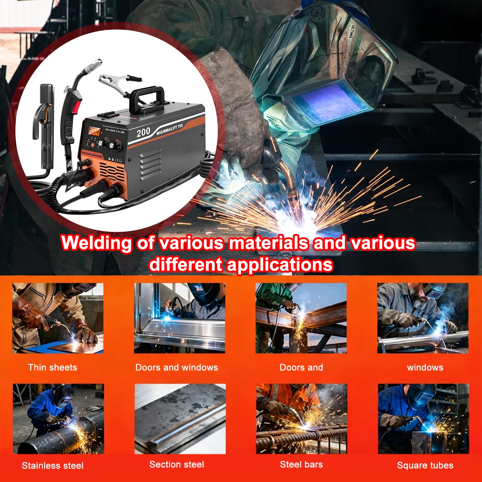 Spawarka MIG, spawarka spawalnicza 20-200 A, bez gazu, spawarka MIG/MMA/LIFT TIG 3 w 1, spawarka gazowa ochronna, spawarka TIG z technologią falownika IGBT i wyświetlaczem LCD