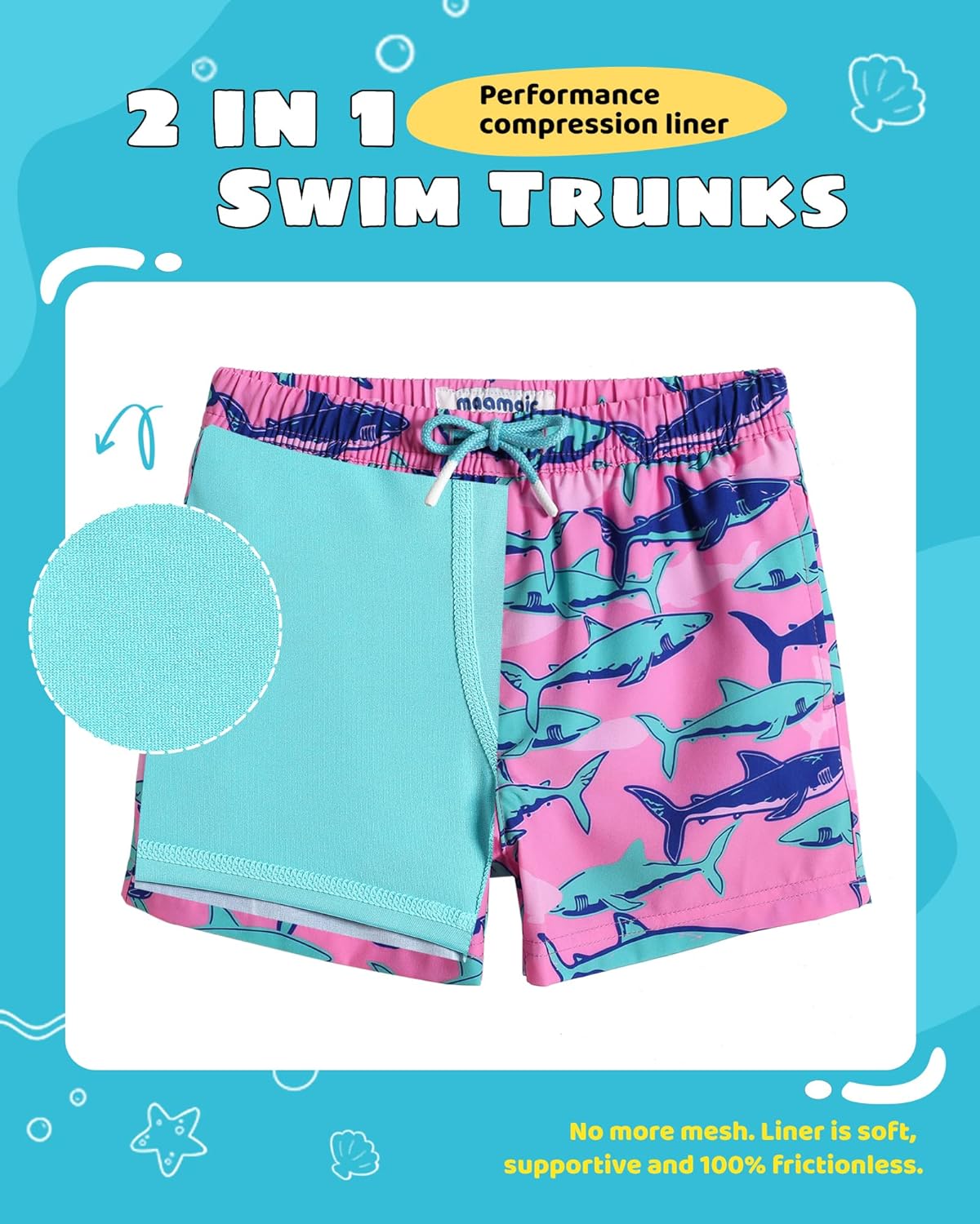 maamgic Boys Swim Trunks with Compression Liner Toddler Stretch Swim Shorts - Image 2