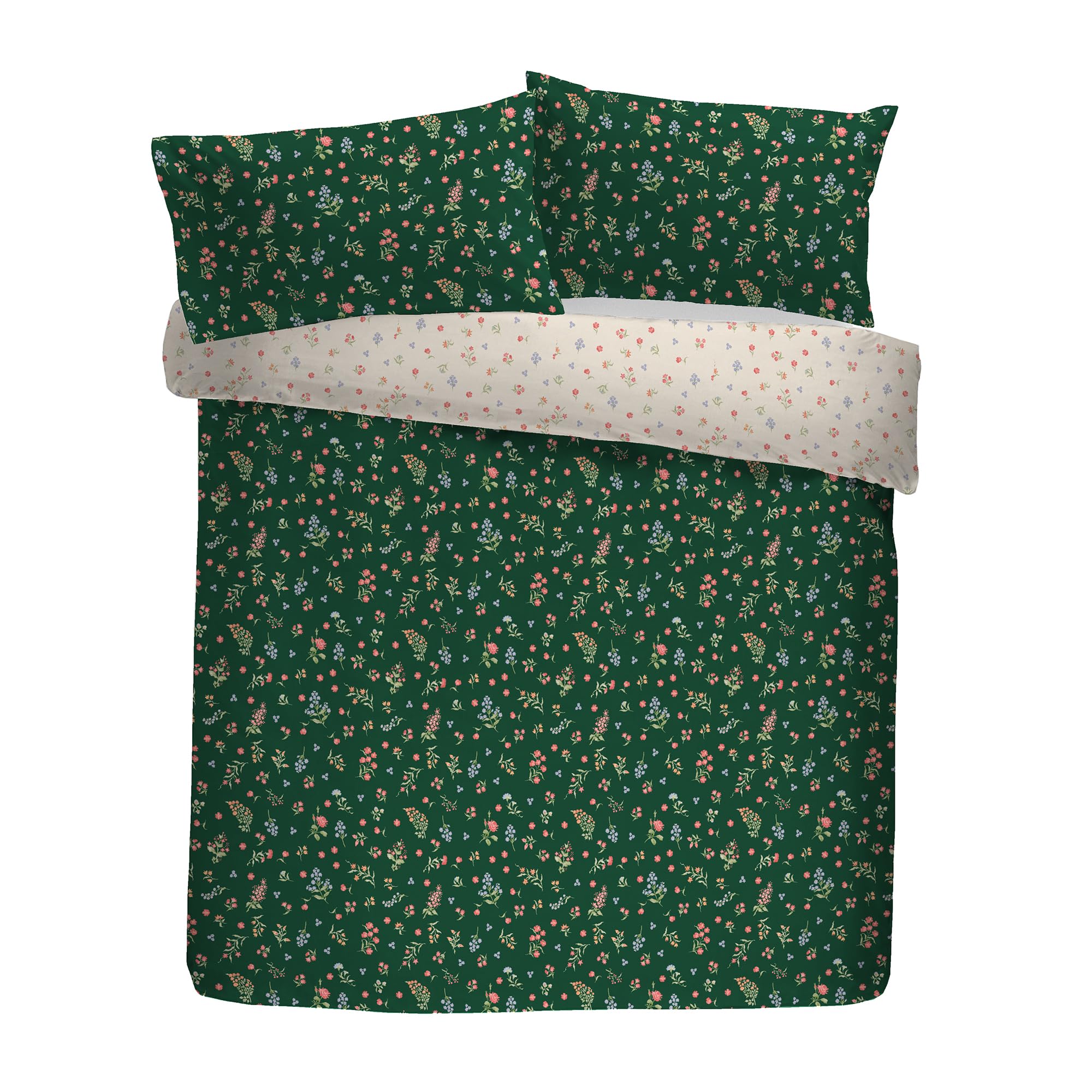 Fusion Nelly Duvet Cover Set, 100% Recycled Polyester, King Size 230x220cm, Green, Floral Pinsonic Pattern, with 2 Pillowcases