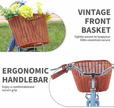 Hybrid Bikes for Women, 24/26 inch Adult Bicycles Lightweight Hi-Ten Steel Frame Road Bike Single Speed with Rear Rack and Basket, Commuter City Bike, Comfort Lady Bicycle, Vintage Adult Bike