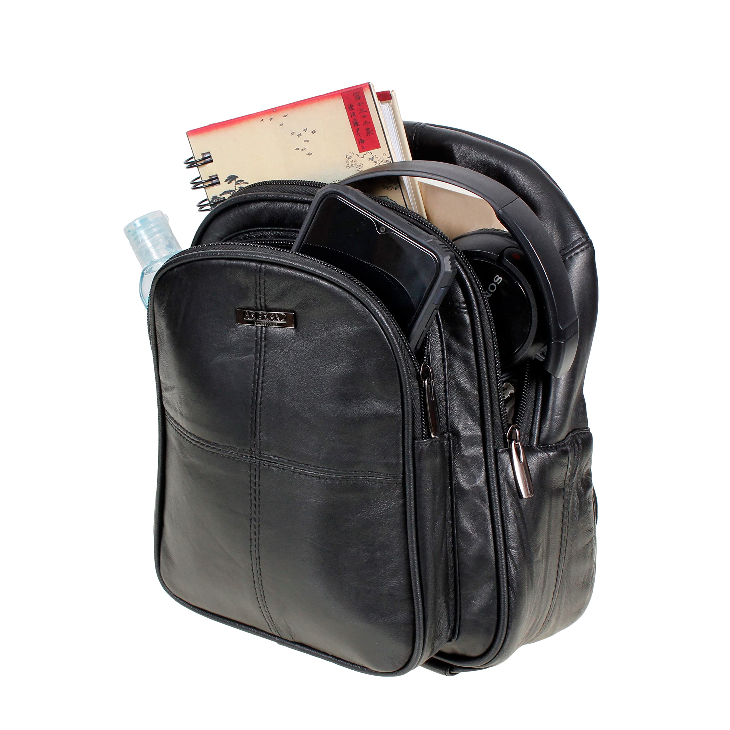 Zaino da donna in vera pelle morbida nappa con tasca di sicurezza, Nero
