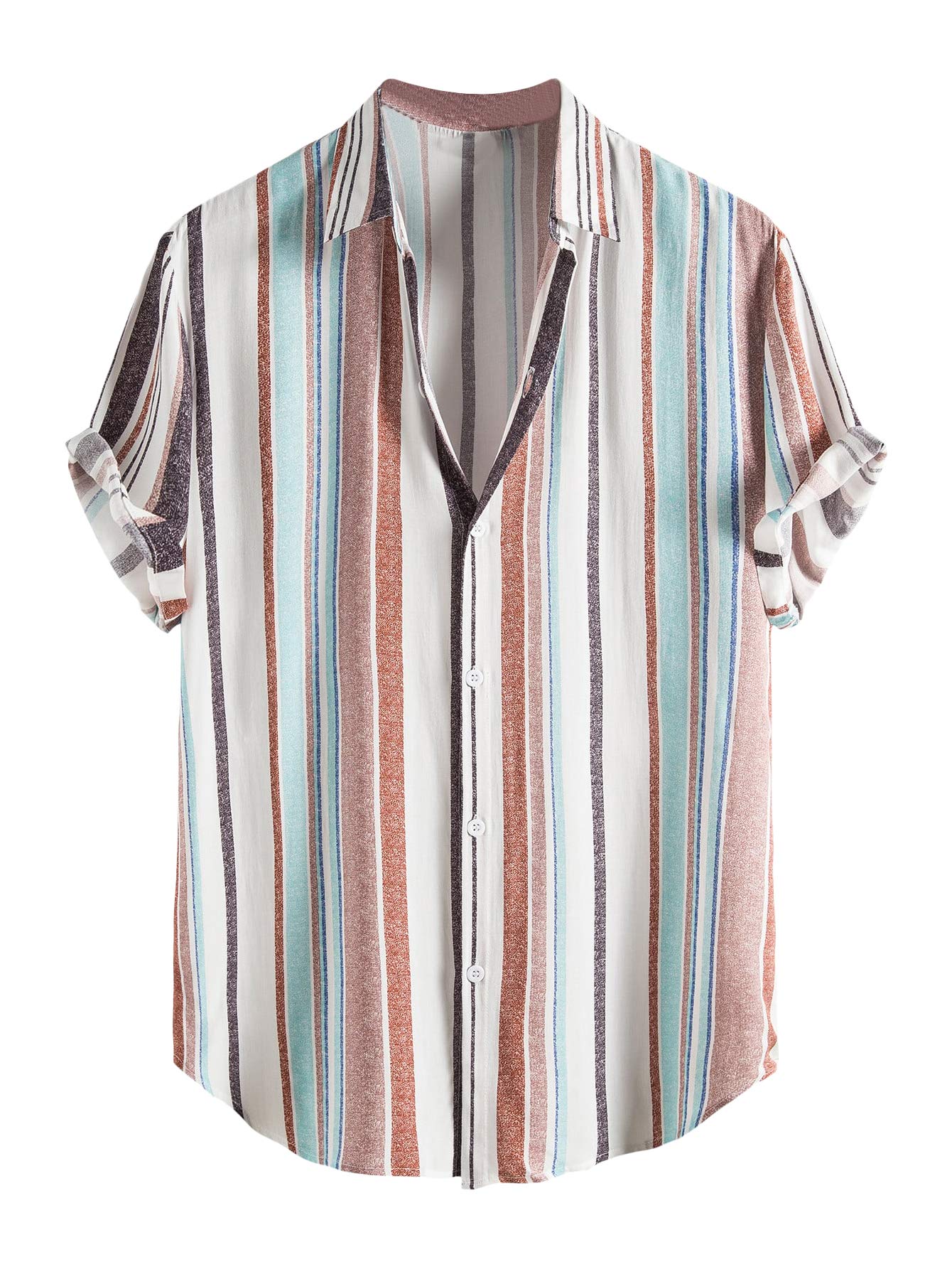 RomweMen's Striped Short Sleeve Regular Fit Button Down Shirts