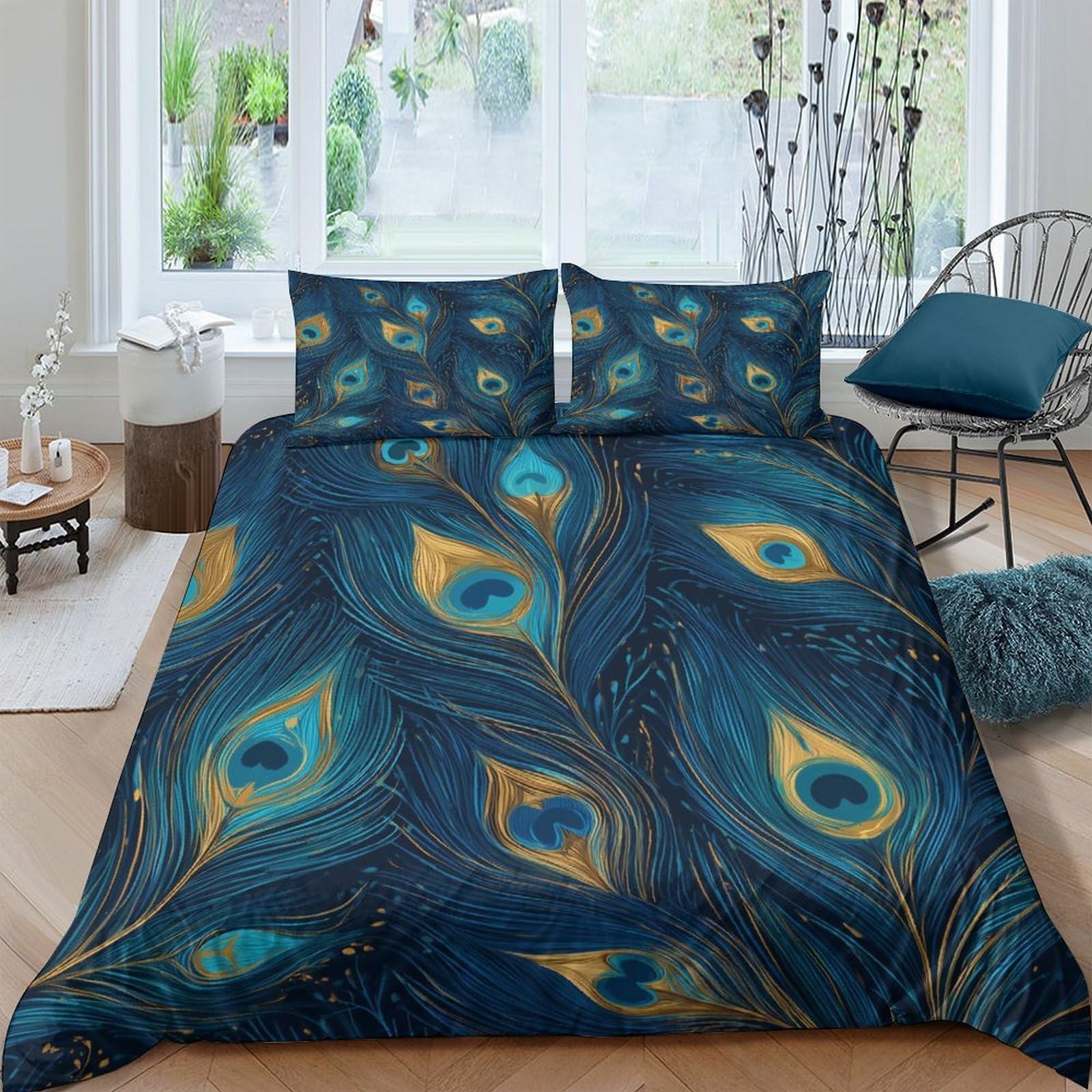 GPLZQXKJNH 3D Printed Peacock Feather Duvet Cover Microfiber Soft Breathable Blue Gold Bedding Set with 2 Pillowcases for Bedroom Decor Single（135x200cm）