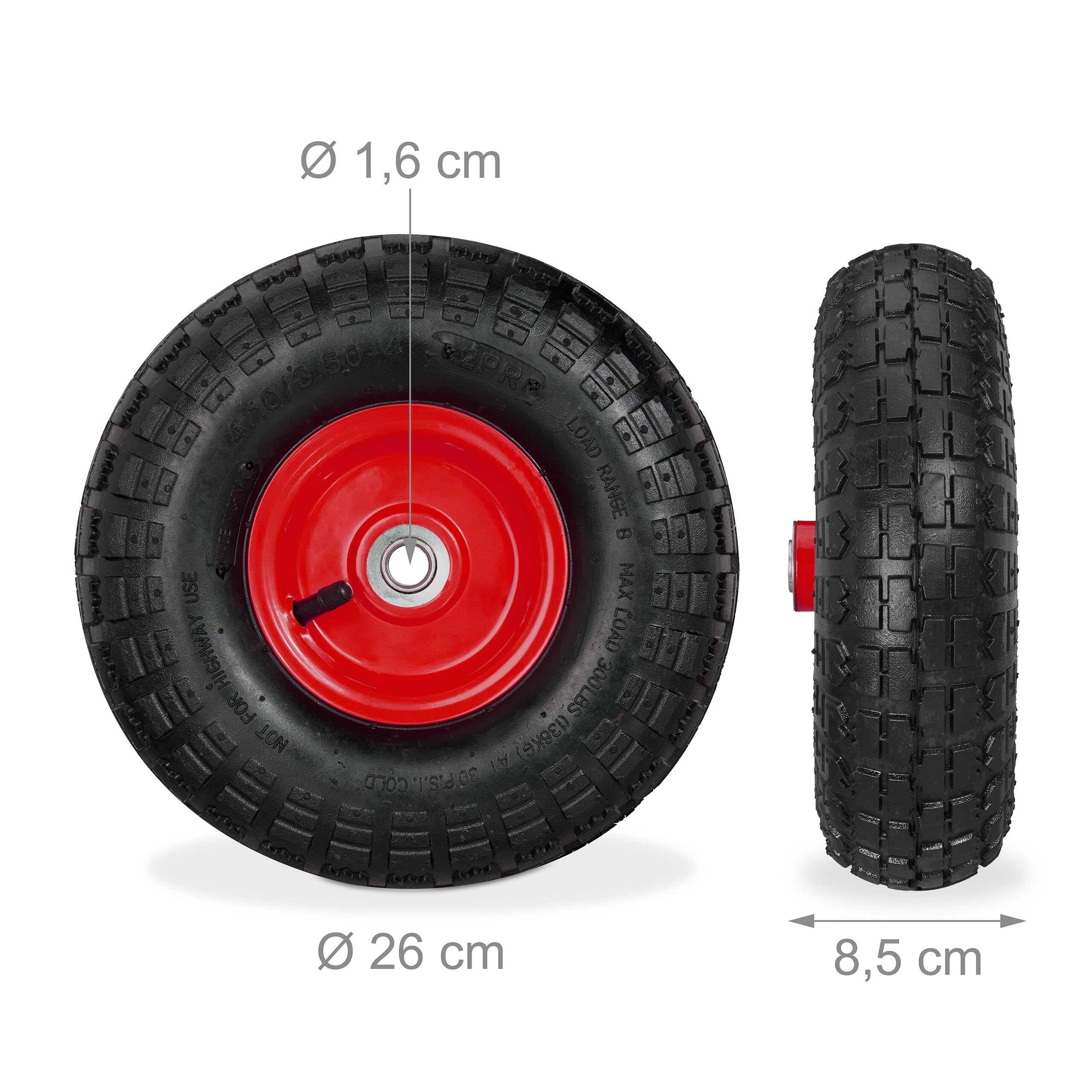 8x Ruote per Carrello 4.1/3.5-4, Gomme di Scorta Carriola, Asse 16 mm, fino 136 kg, 260 x 85 mm, Nero Rosso