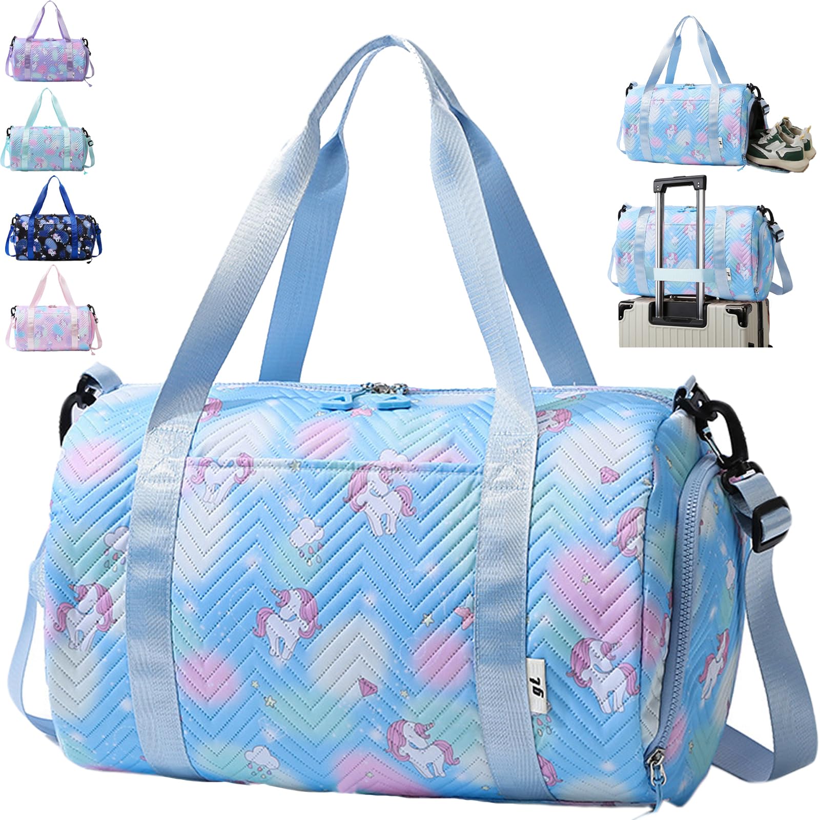 AUNGKWANG Unicorn Travel Bags, Swim with Shoes Compartment & Waterproof Pocket, Waterproof Dance Bag, for Girls Fitness Workout, Travel, Dance, Ballet, Swim