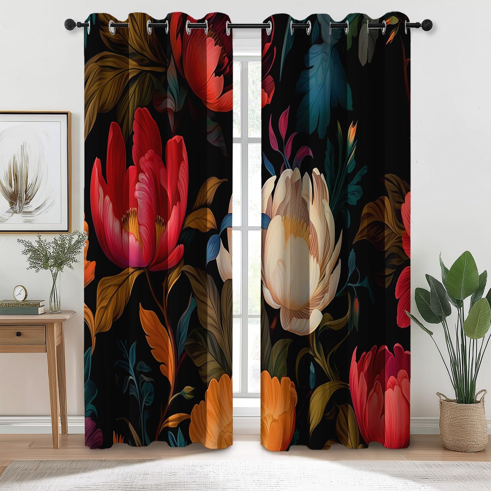 Zasłony zaciemniające do wnętrz - eleganckie kwiaty, liście, nieprzezroczysta, sypialnia, 140 x 260 cm (2 panele), czarne termiczne zasłony z oczkami do biura i salonu