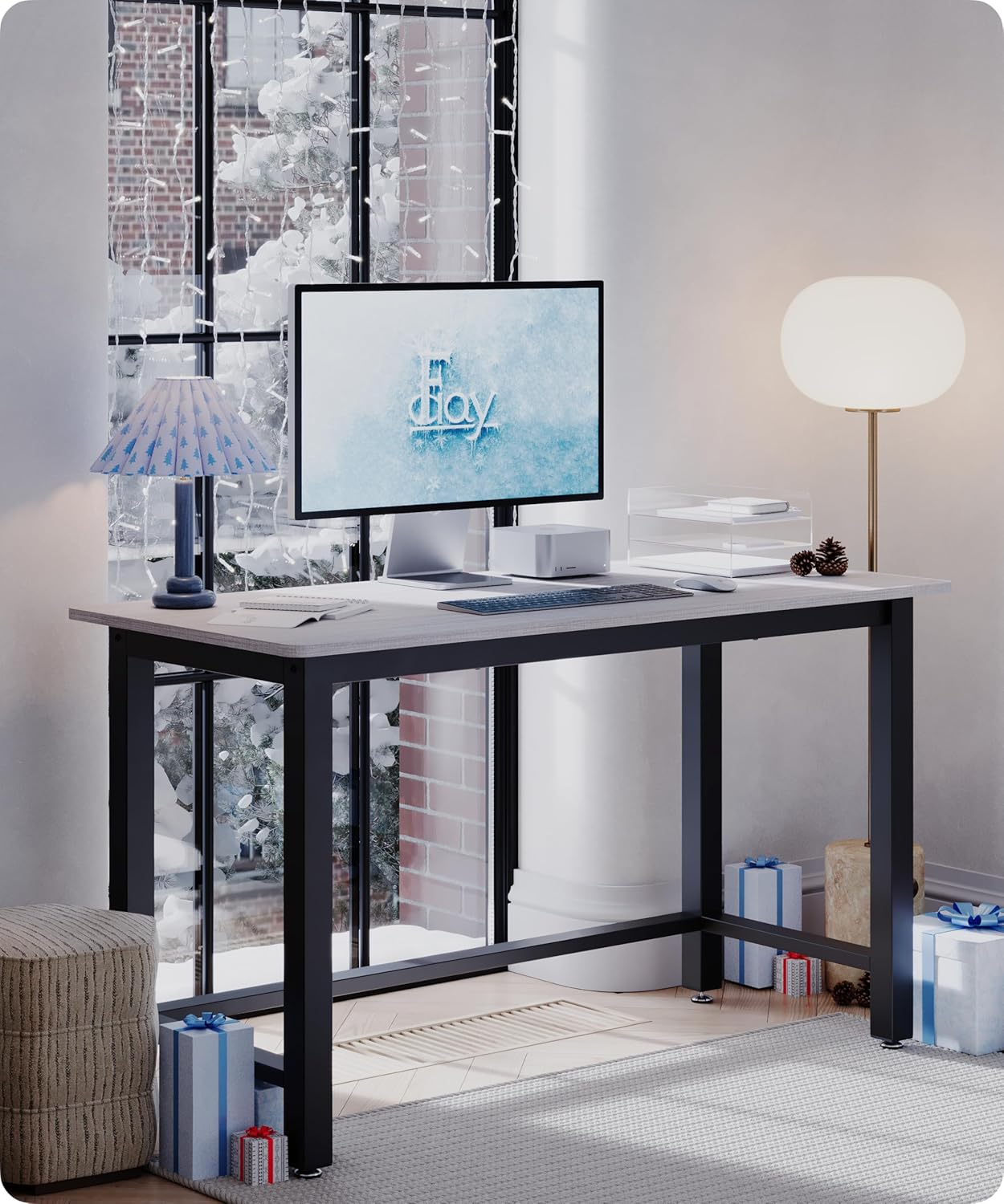 43" Home Office Desk Modern Computer Desk 43.3x23.6x29.5 inches PC Table with Thicken Frame Industrial Style Sturdy Metal Frame Furniture for Writing Gaming Grey Oak+Black