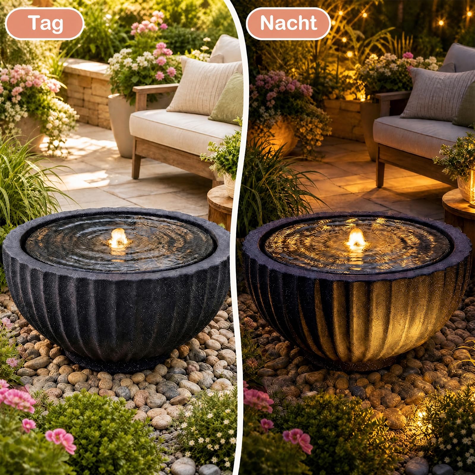 GYMAX Fuente de Jardín Redonda,Fuente Decorativa | Fuente de Agua con Iluminación LED, Bomba Ajustable y Resina Resistente para Salón, Patio y Terraza, 45 x 23,5 cm