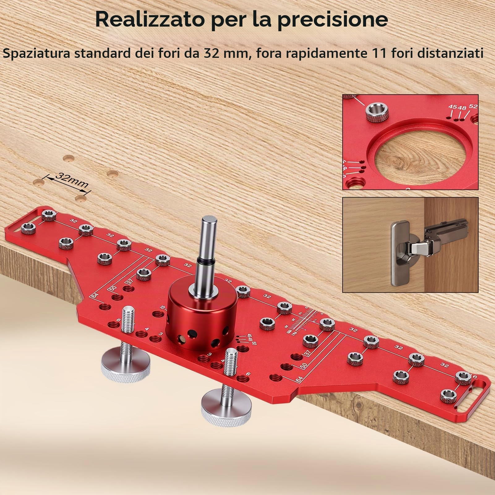 2 in 1 Dima di Foratura per Cerniera a Ante Cucina, Maschera di Foratura per Perno con Punta da Trapano da 1/4", 2 mm, 5 mm e 35 mm, per assemblaggio di armadi cassettiere a schedari (Lungo)