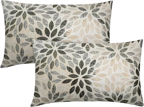 Juego de 2 fundas de almohada lumbar de dalia marrón de 12 x 20 pulgadas, fundas de almohada rectangulares decorativas con flores geométricas