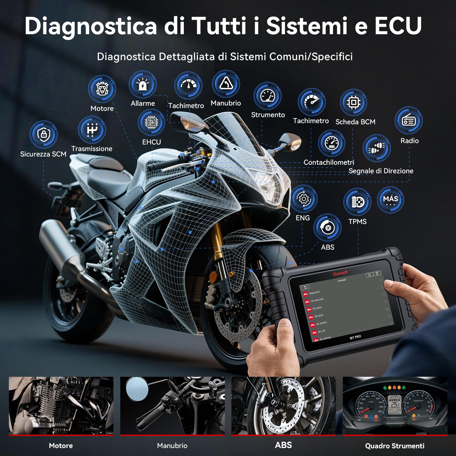 iCarsoft MT PRO Strumento Diagnostico Motociclette per Harley/BMW/Ducati/Honda ecc. Diagnostica Completa Sistemi Motocicletta, Reset Manutenzione + Test Attivi, Lettore Codici Touchscreen +Auto OBD2