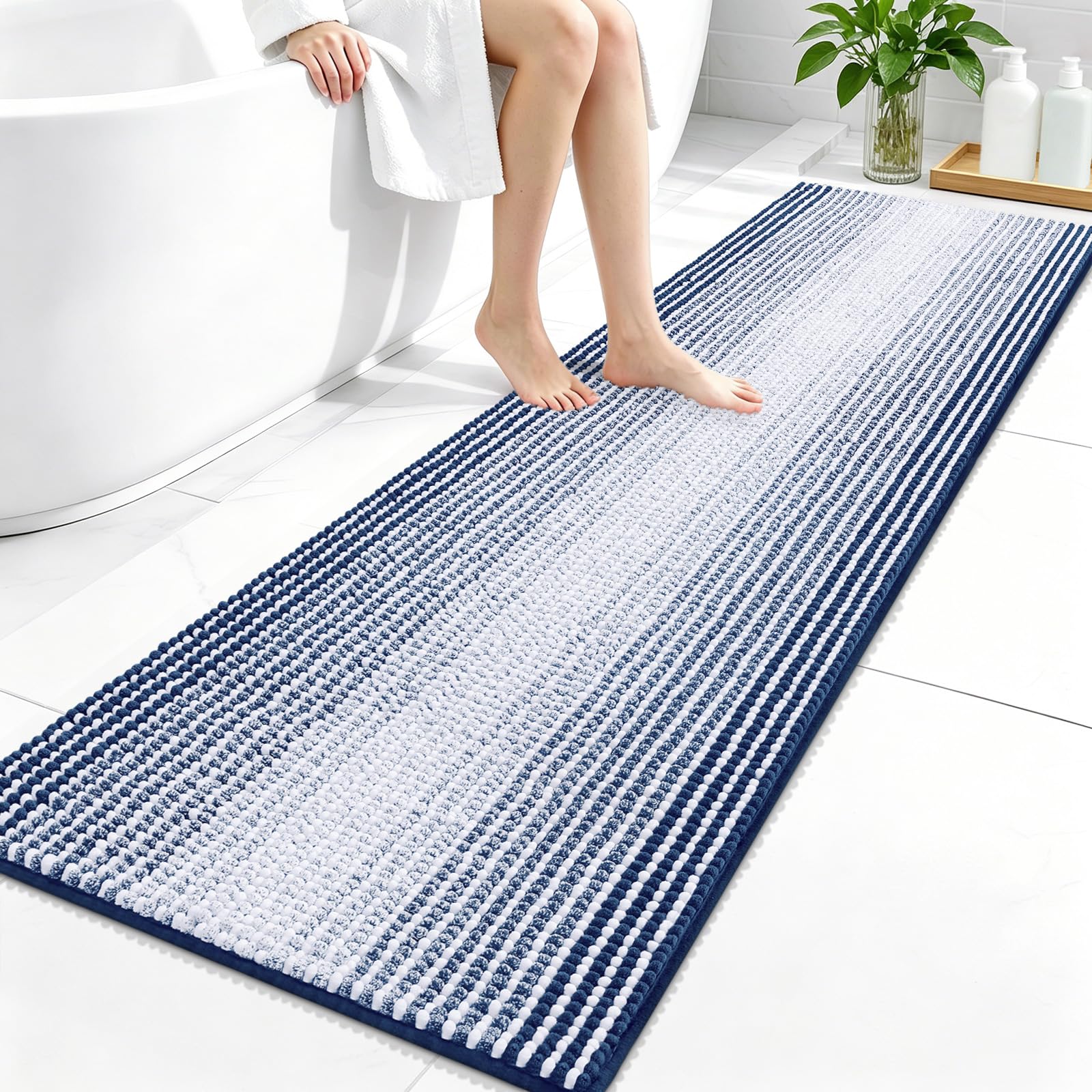 OLANLY Bathroom Runner Rugs 59x20, Soft Chenille Striped Bath Rugs, Navy